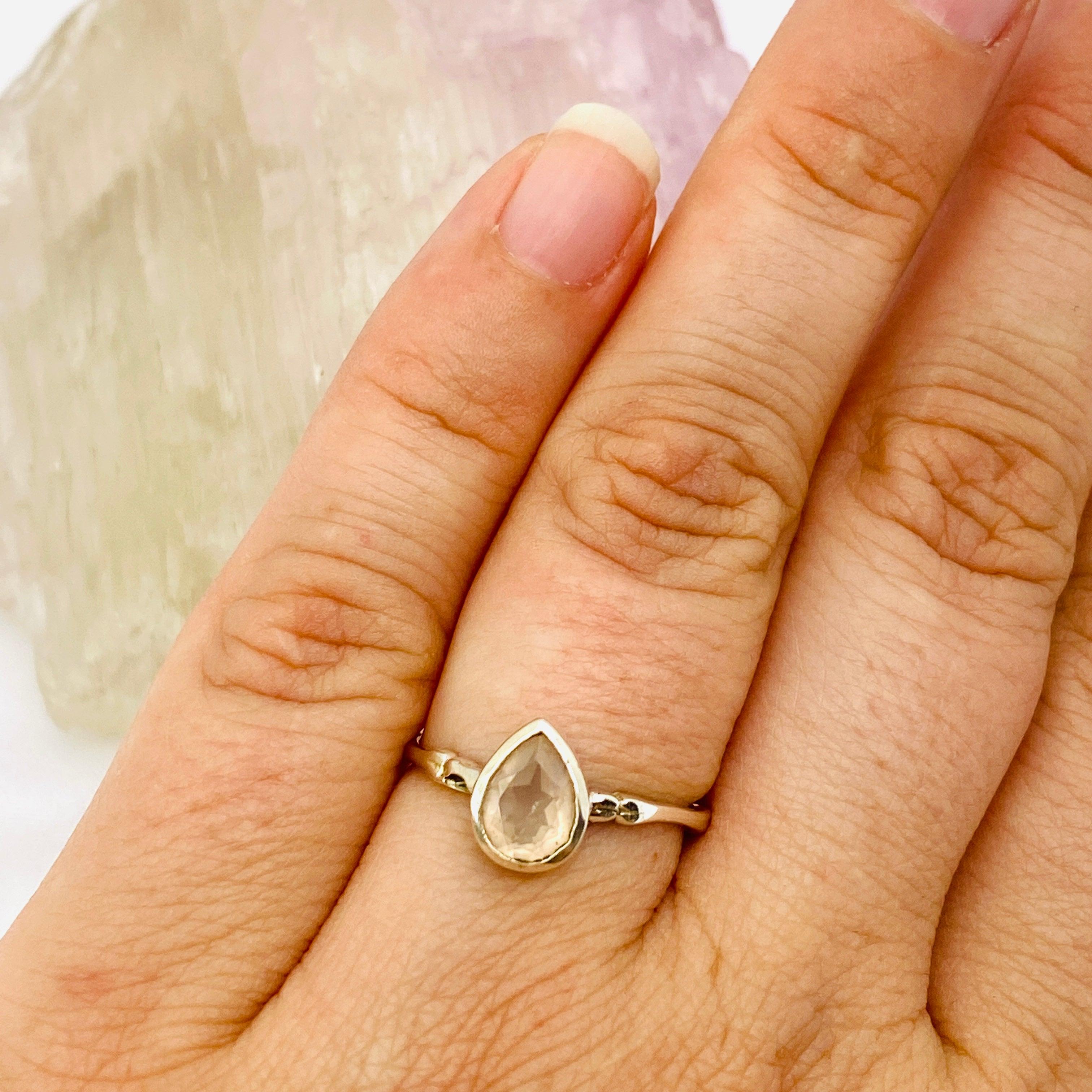 Rose Quartz Faceted Teardrop Fine Band Ring - Dainty Crystal Jewelry for Women - Perfect for Everyday Wear, Gifts & Spiritual Healing