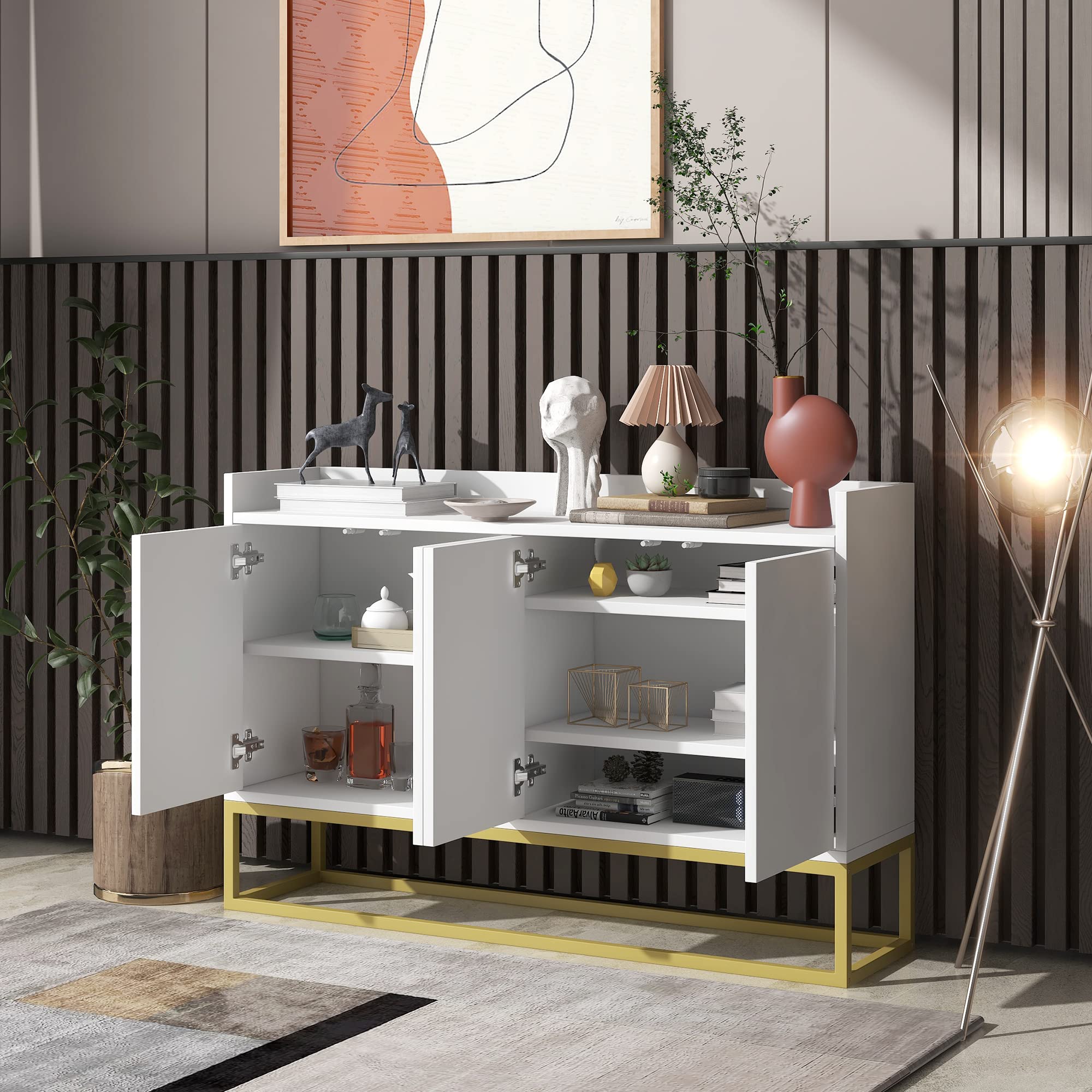 Modern White Sideboard Console Table with Metal Legs & Adjustable Shelf, Elegant Buffet Cabinet for Dining Room, Living Room, Entryway Storage Solution