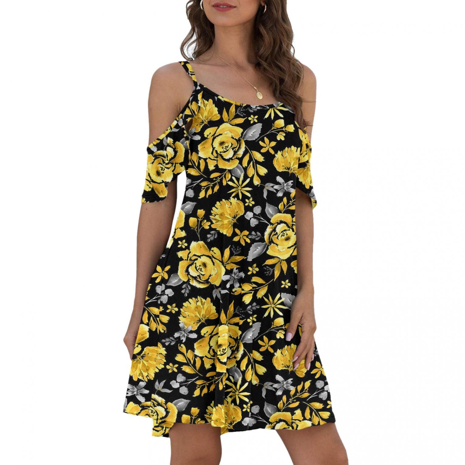 Women's Summer Floral Spaghetti Strap Sundress - Casual Cold Shoulder Ruffle Sleeve Dress with Pockets | Perfect for Beach Vacations, Date Nights & Summer Outings