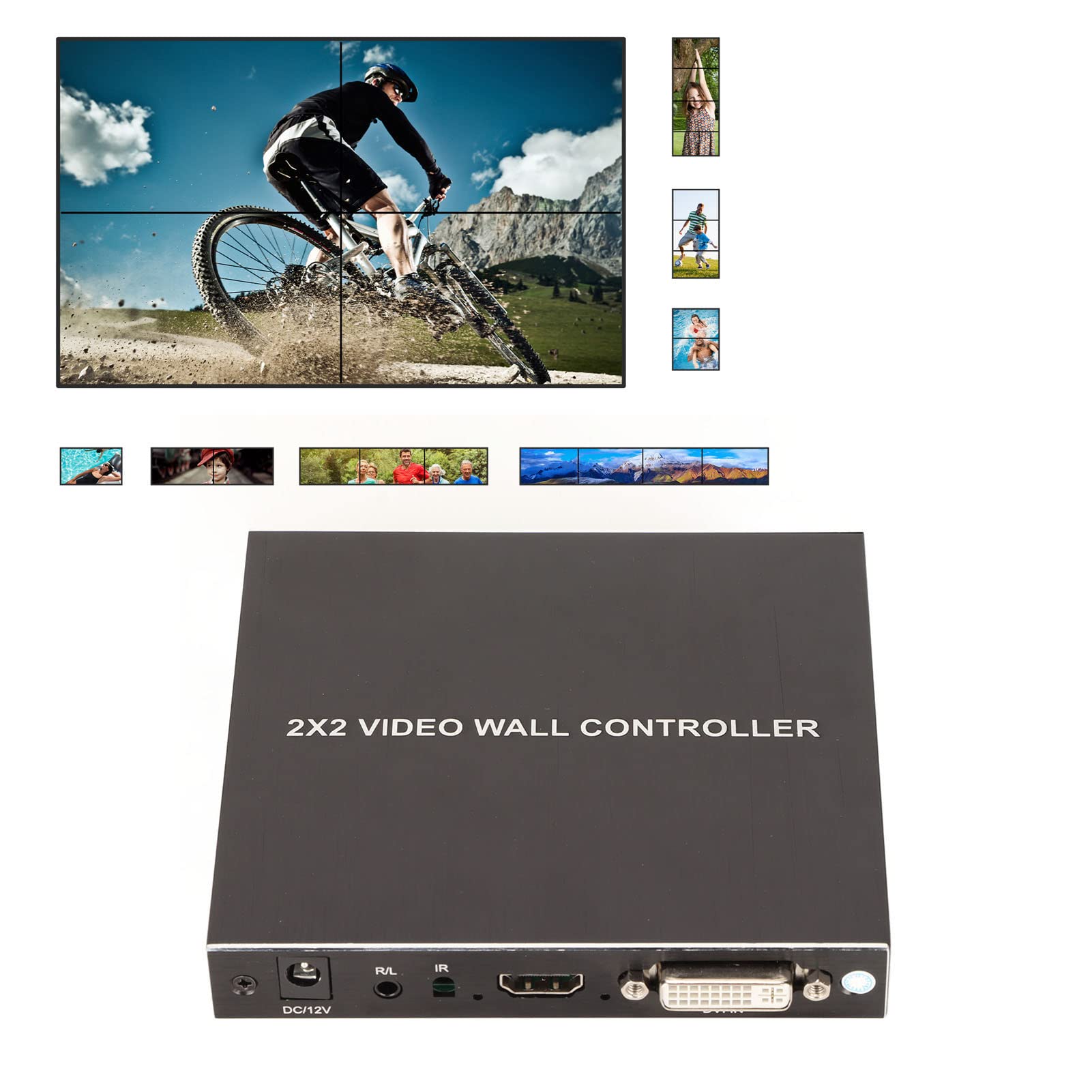 2x2 HDMI Video Wall Processor - Ultra HD 4K 4-Channel DVI TV Wall Controller with 180° Rotation, RS232 & IR Remote Control | Perfect for Digital Signage, Control Rooms, Video Walls, and Conference Room Displays (US Stock)