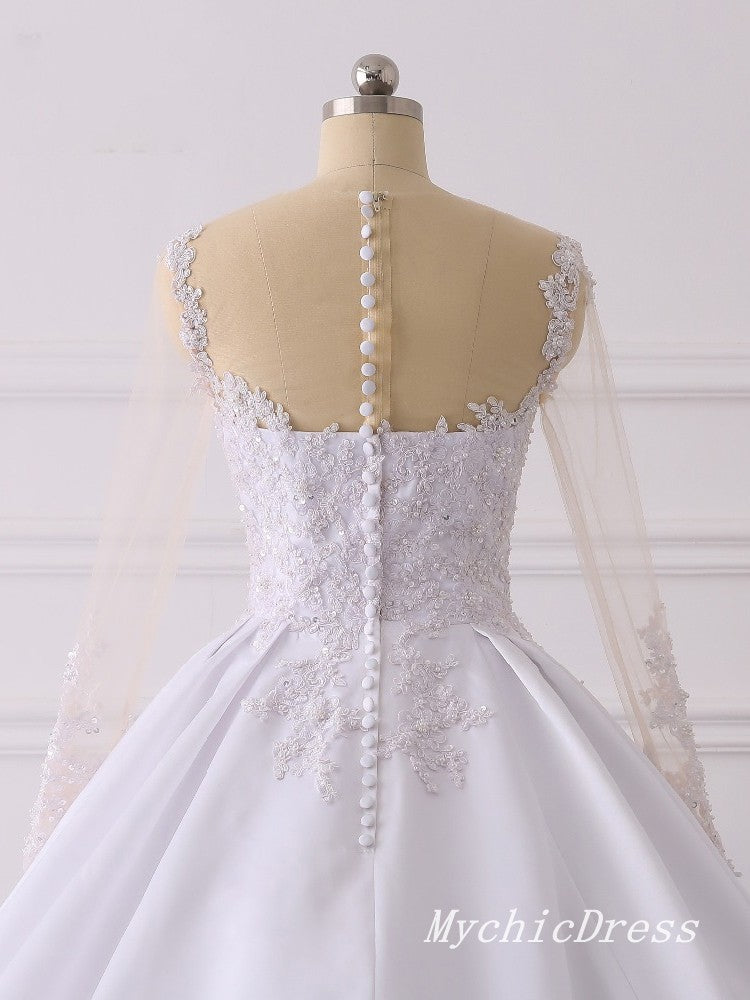 Elegant A-Line Lace Applique Satin Wedding Dress with Long Sleeves & Button Back - Perfect for Bridal Ceremony, Formal Events & Photoshoots