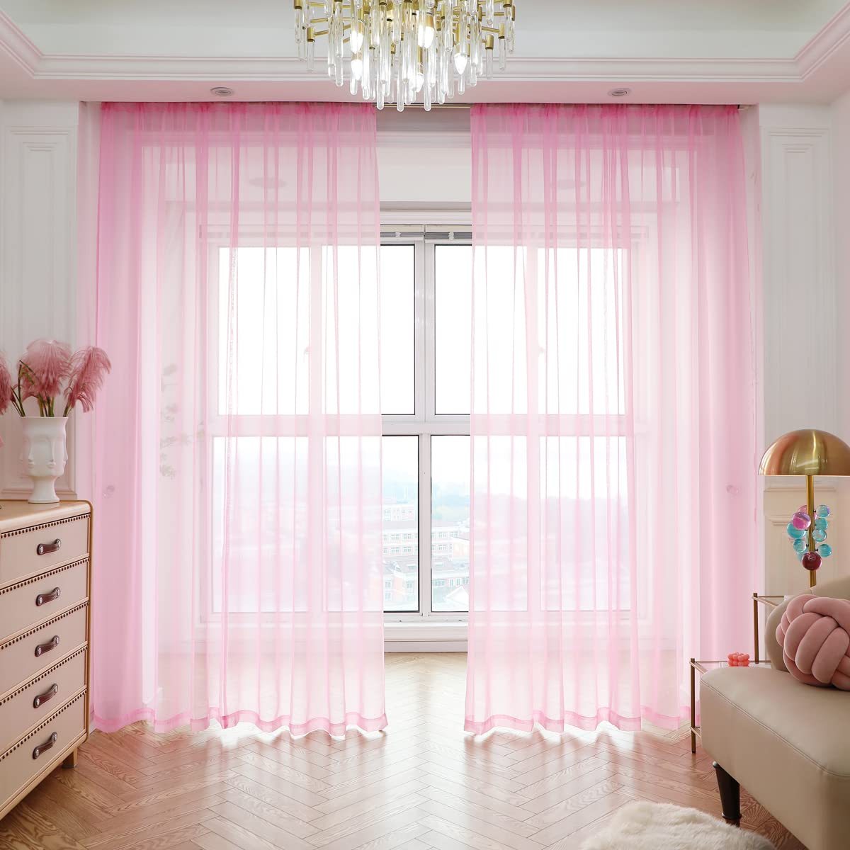 PHILEASY Pink Sheer Curtains 140 Inches Long - 2 Panels Transparent Window Drapes with Rod Pocket, 15 Colors & 10 Sizes - Light Filtering Curtains for Bedroom, Living Room, Kitchen & Outdoor Spaces