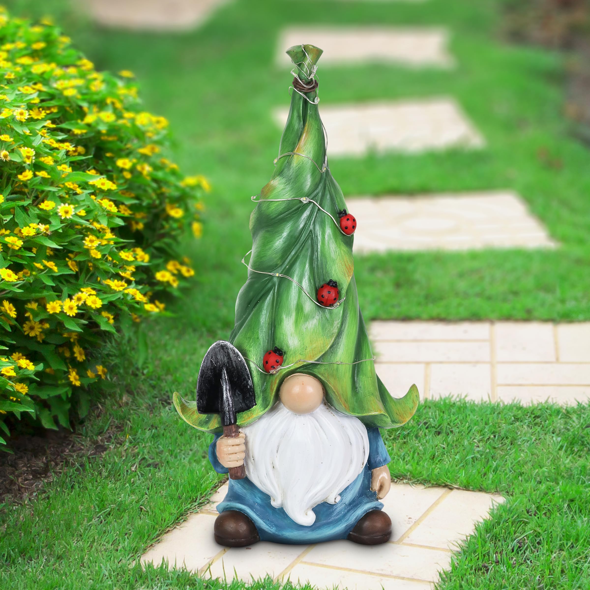 Solar-Powered Garden Gnome Statue with LED Firefly Lights - Exhart Outdoor Lawn Decor with Ladybugs & Trowel - 22 LED Lights, 7x5x14 Inch - Perfect for Yard, Garden & Patio Decoration