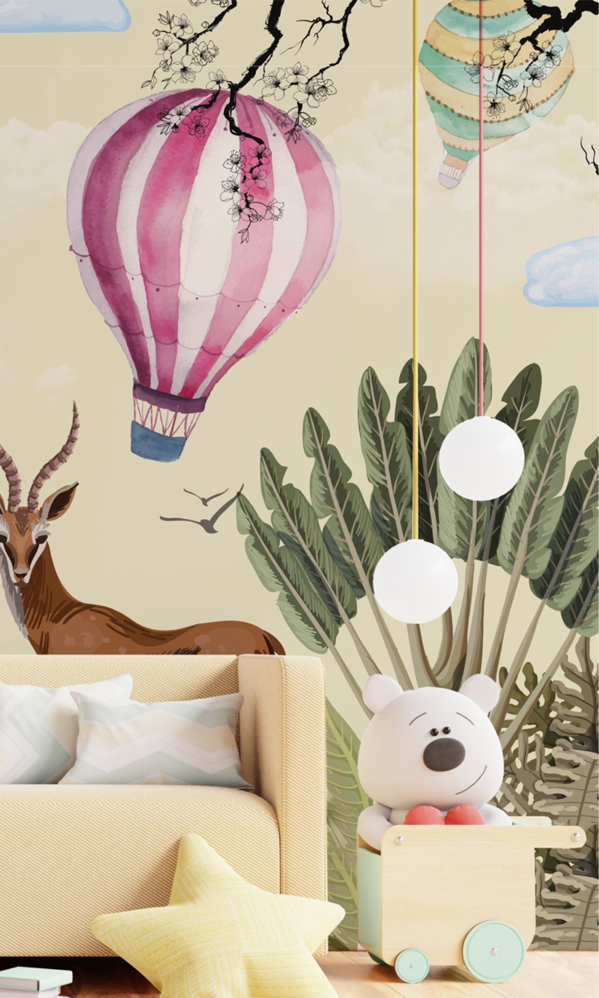 Colorful Balloons and Giraffe Mural Wallpaper M1462 Sample - Kids Room Decor, Nursery Wallpaper, Birthday Party Backdrop, Playroom Design