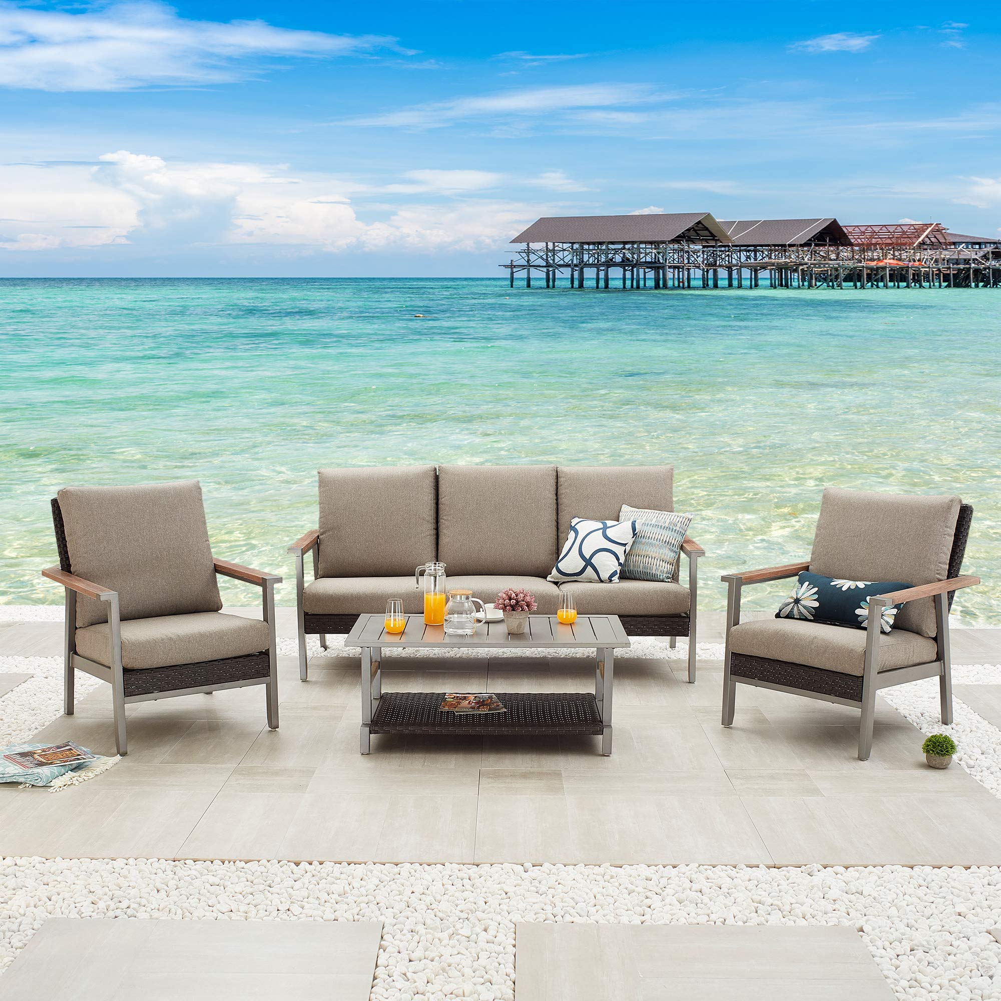 Festival Depot 4-Piece Outdoor Patio Conversation Set - Wicker Rattan Loveseat & Chairs with Thick Cushions + Metal Frame Coffee Table - Grey Garden Furniture for Deck, Backyard & Poolside Relaxation