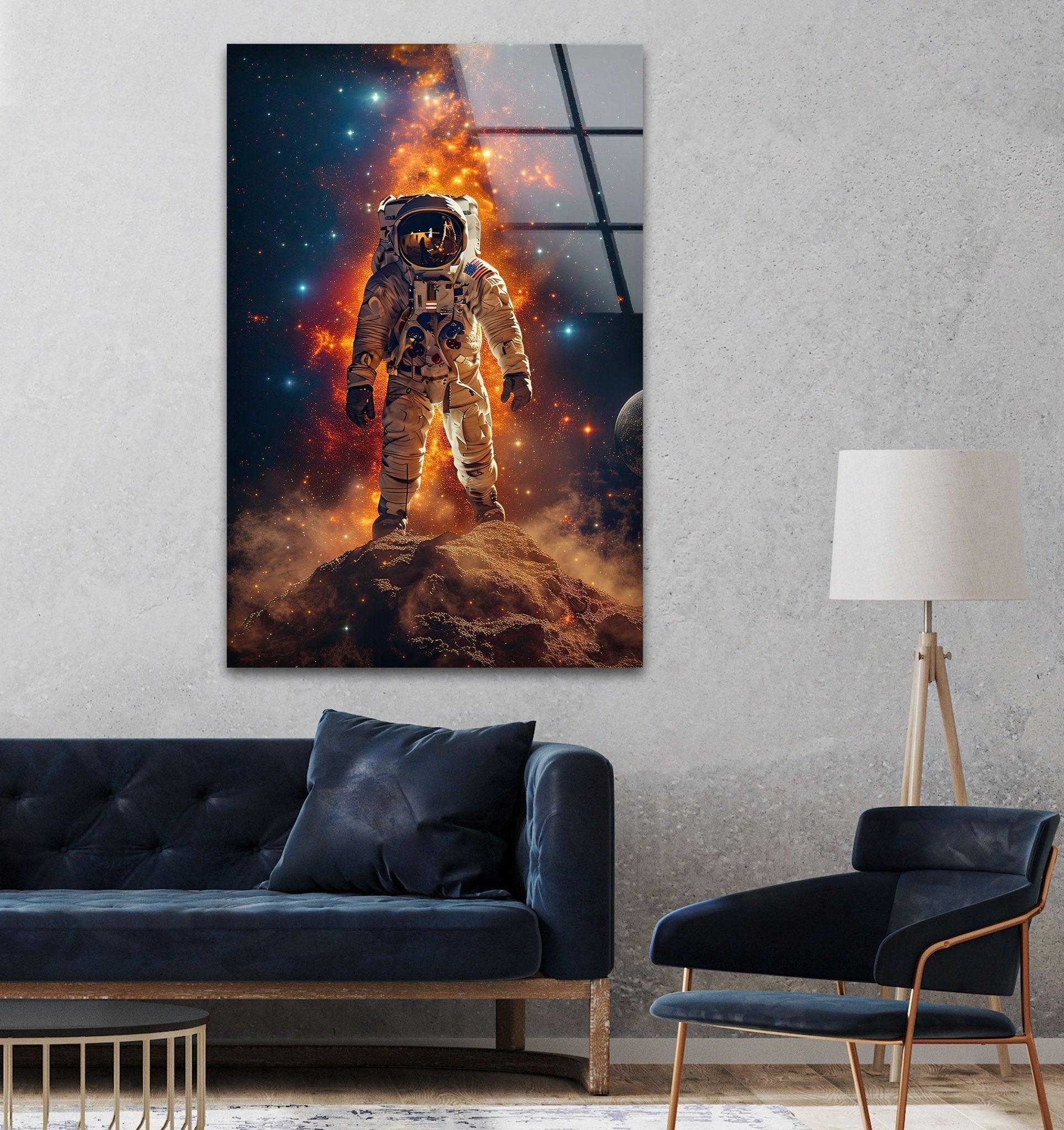 Astronaut on the Moon Glass Wall Art - Space-Themed Home Decor for Living Room, Bedroom & Office - Unique Gift for Astronomy Lovers