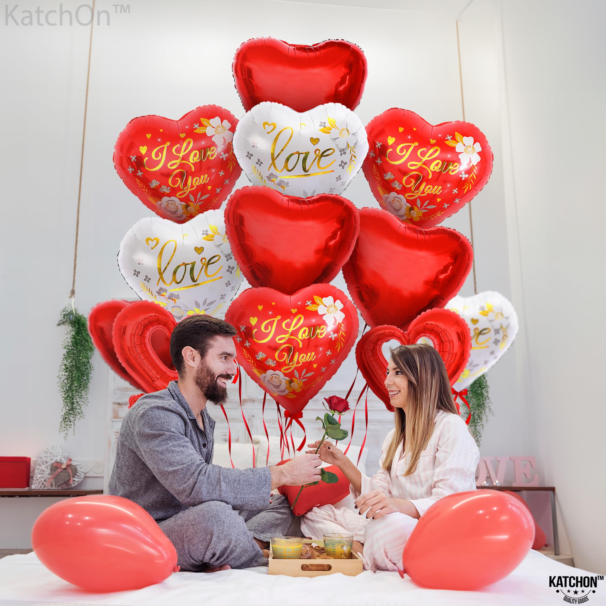 KatchOn Red & White I Love You Balloons - 18 Inch Heart Shaped Balloons (Pack of 12) | Valentine's Day Decorations, Romantic Party Supplies | Perfect for Wedding Proposals, Anniversary Celebrations & Special Date Nights