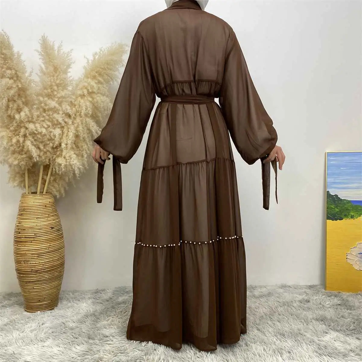Elegant Muslim Women's Chiffon Beaded Open Abaya Dress - Modest Islamic Prayer Dress for Mosque, Eid & Special Occasions