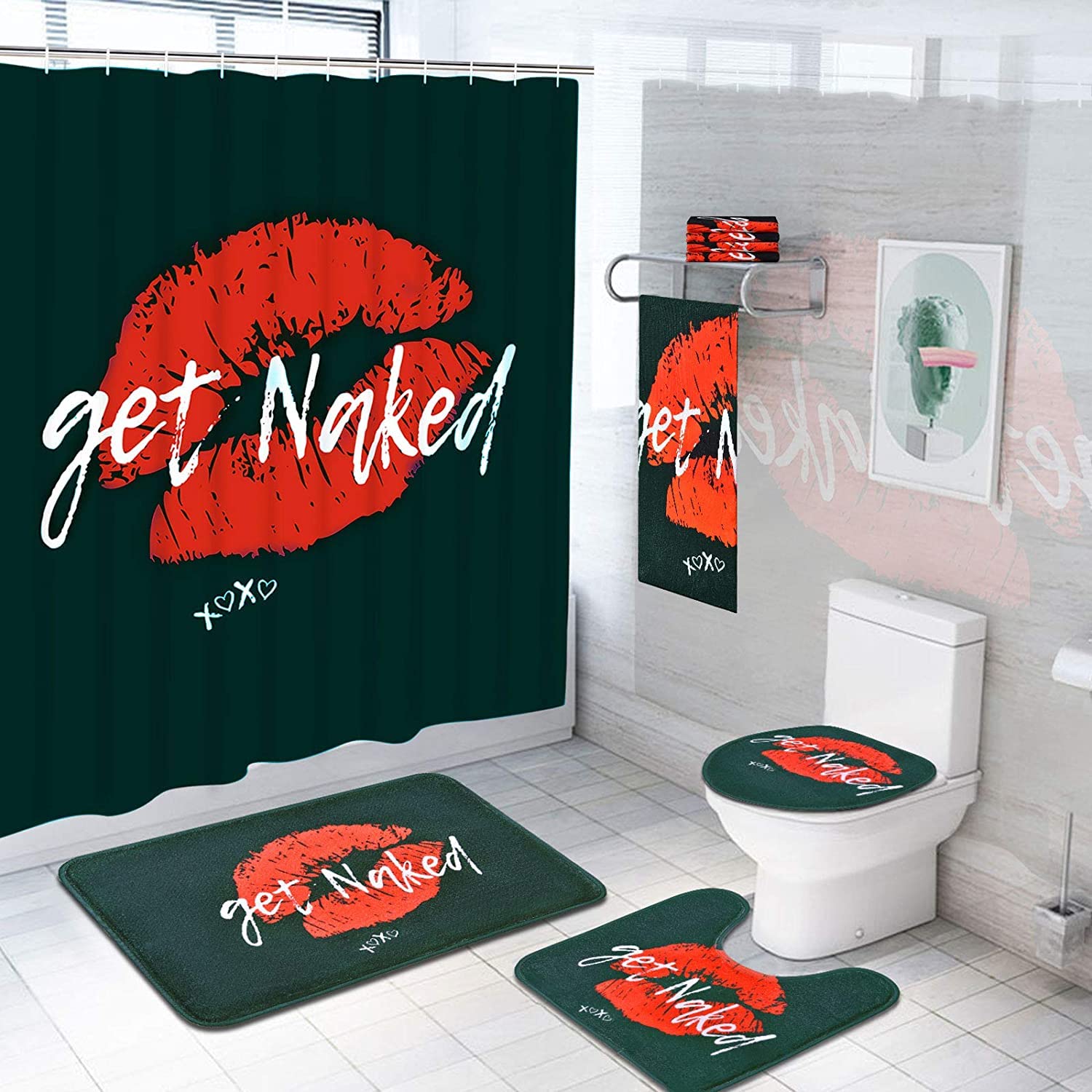 PKNOCLAN 7-Piece Bathroom Set - Black & Red Lip Print Shower Curtain with 12 Hooks, Bath Mat, Towels, Rug & Toilet Lid Cover | Complete Bathroom Decor for Modern Homes, Apartments & Guest Bathrooms