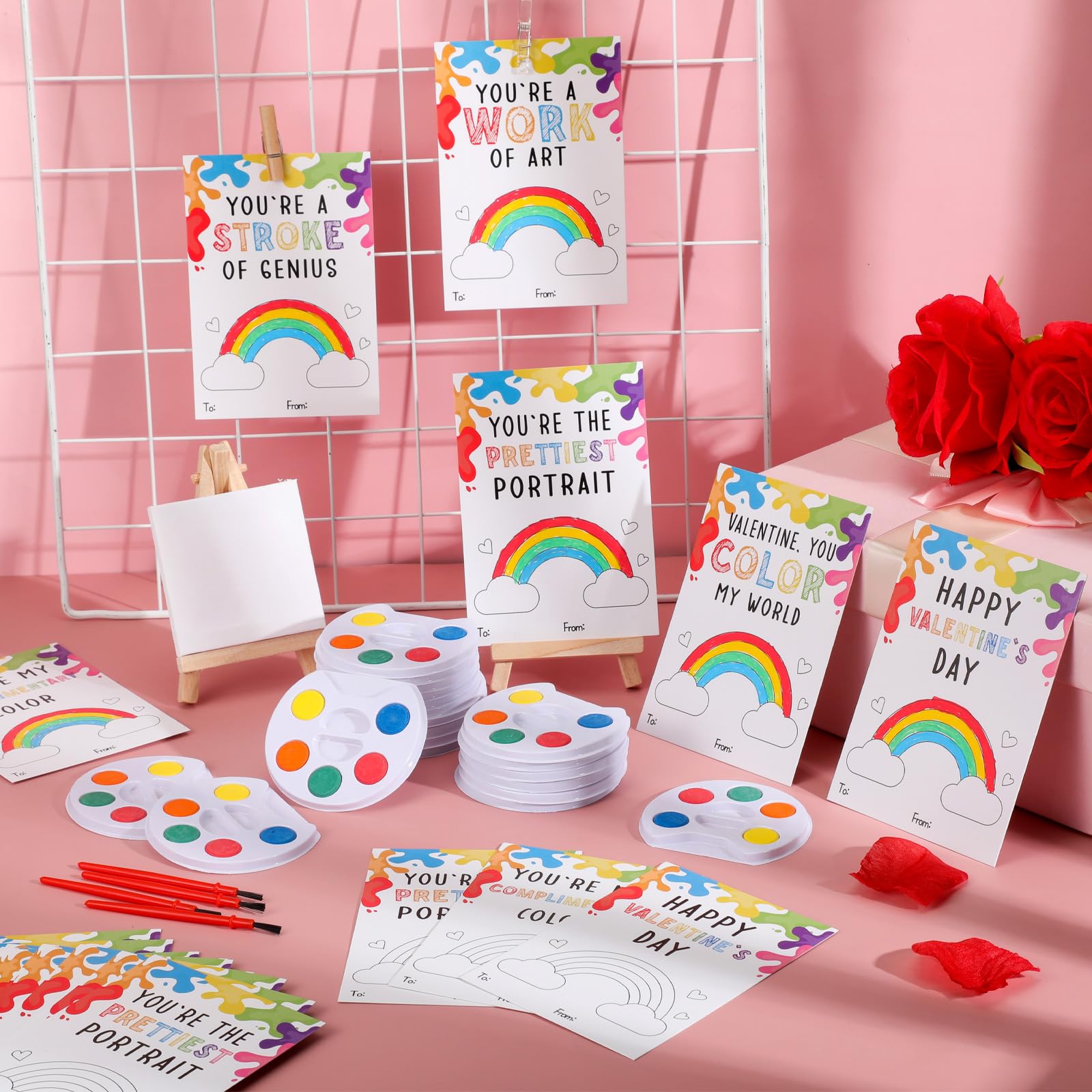 Sabary 24 Sets Kids Valentine's Day Art Gift - Watercolor Painting Kit with Wooden Easel, Canvas Panels & Brushes | Perfect for Classroom Gifts, Art Parties & DIY Valentine Crafts