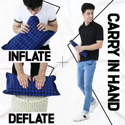 Luniam® Inflatable Travel Neck Pillow - Blue & Black Checkered Design - Portable Air Cushion for Airplane, Car & Office Use - Pack of 1 (Blue)