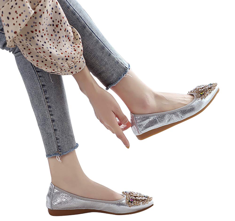 Women's Foldable Ballet Flats with Rhinestones - Comfortable Pointed Toe Slip-On Loafers for Work, Walking & Bridal Occasions | Perfect Dress Shoes for Weddings, Office & Travel
