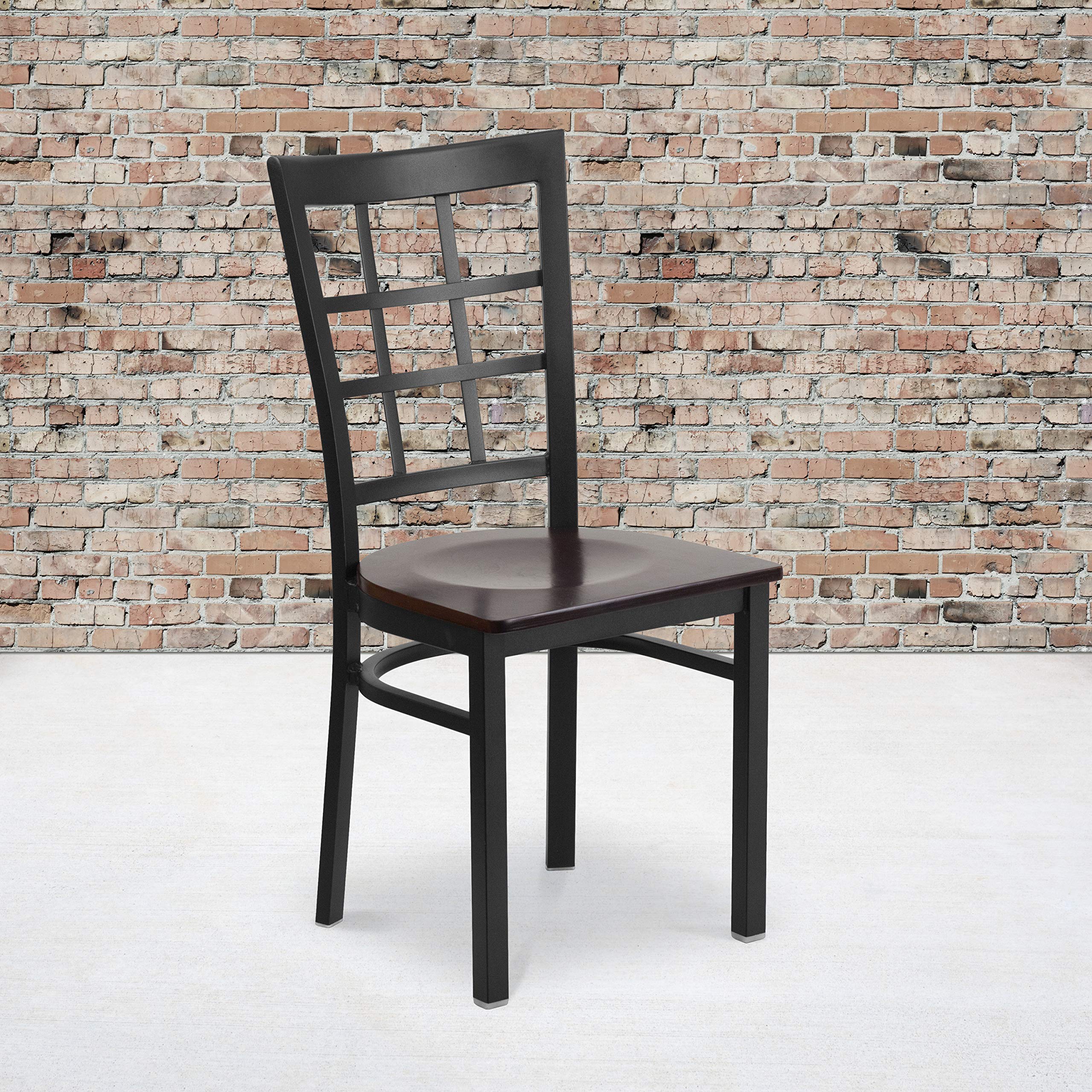 2 Pack Black Metal Frame Restaurant Chairs with Walnut Wood Seat - Heavy Duty Commercial Dining Chairs for Cafe, Bistro, and Home Kitchen Use