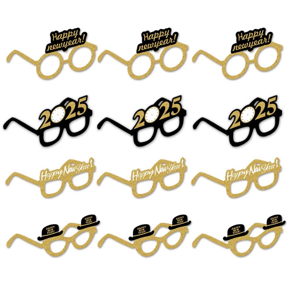 SWYOUN 2025 Glitter Cardboard Glasses - Happy New Year's Eve Party Glasses for Celebrations, Photo Props (12 Pack) - Perfect for NYE Parties, Countdown Events & Festive Celebrations