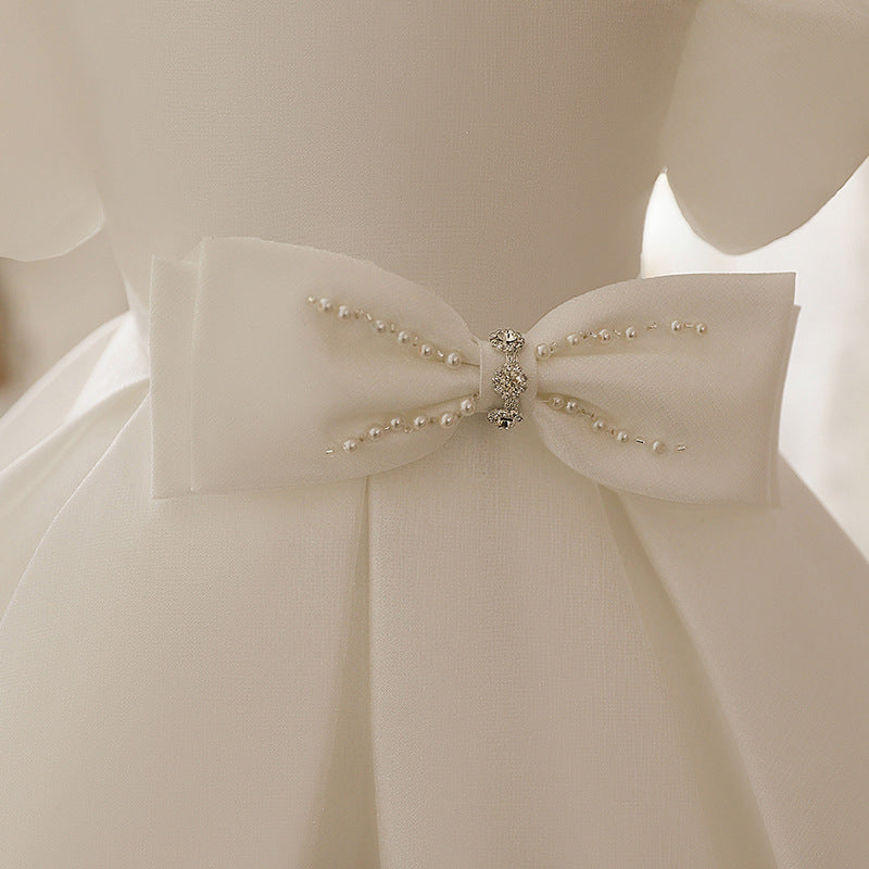 Elegant White Satin Princess Flower Girl Dress with Beading & Bow - Perfect for Weddings, Baptisms & Special Occasions