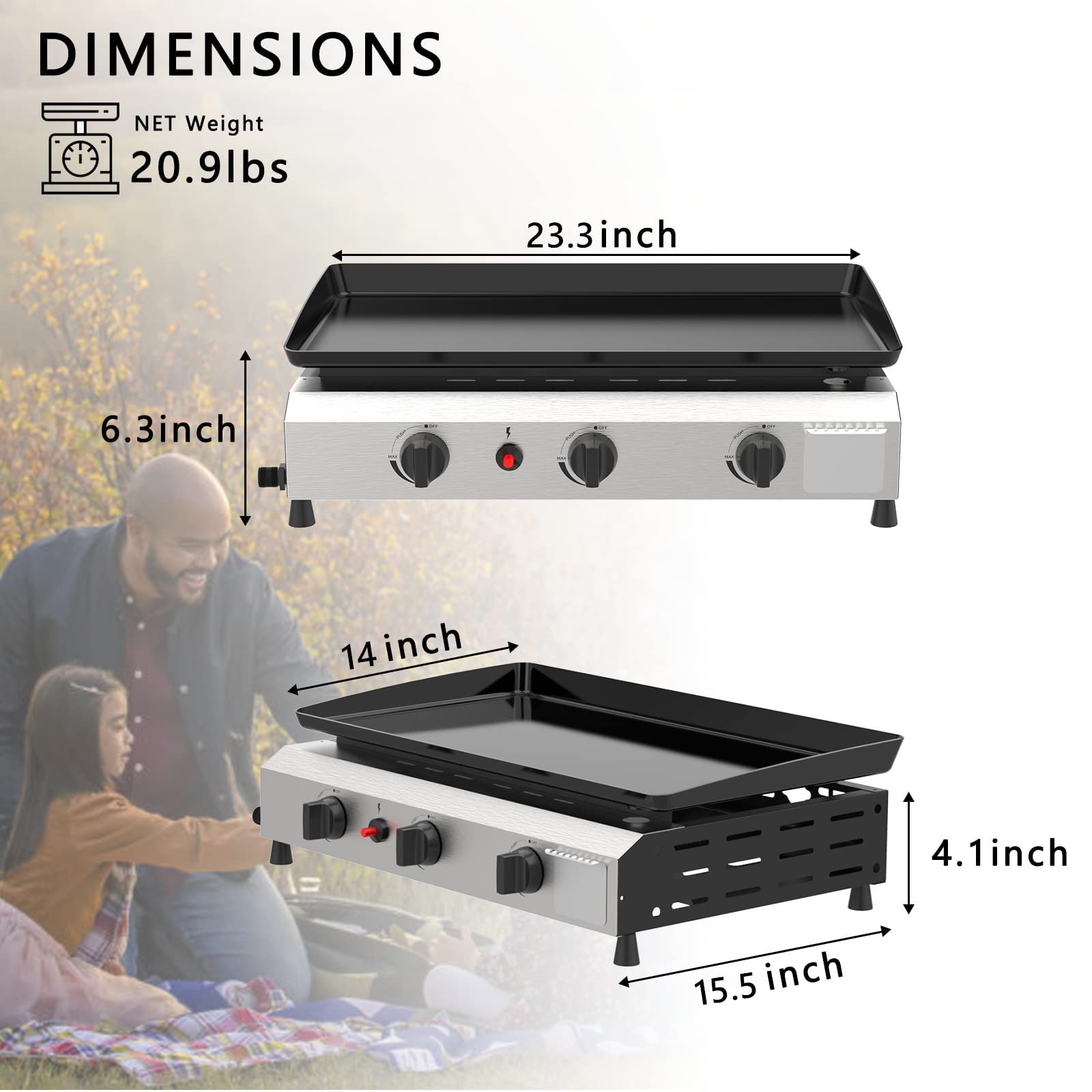 SKOK 3 Burner Gas Griddle - 23.3 Inch Outdoor Propane Griddle with 30,000 BTU - Portable Flat Top Gas Grill for Camping, BBQ, Tailgating & Backyard Cooking - Perfect for Outdoor Parties, Picnics & Family Gatherings