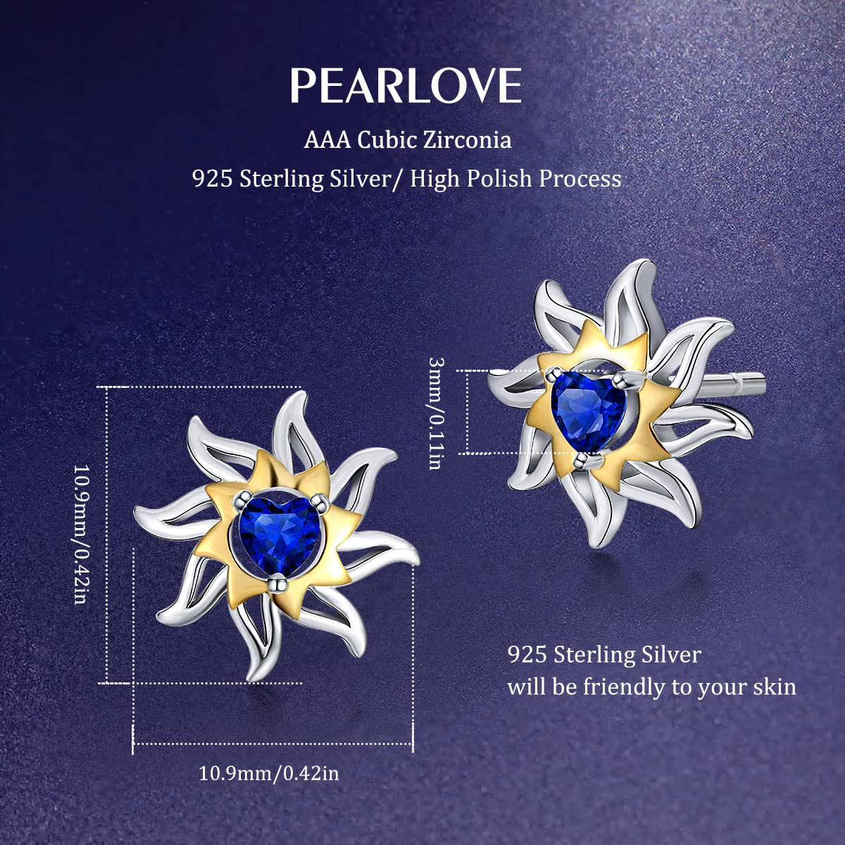 925 Sterling Silver Heart Birthstone Stud Earrings for Women - Hypoallergenic, Dainty Sun Motif Jewelry - Perfect for Everyday Wear, Gifts & Special Occasions