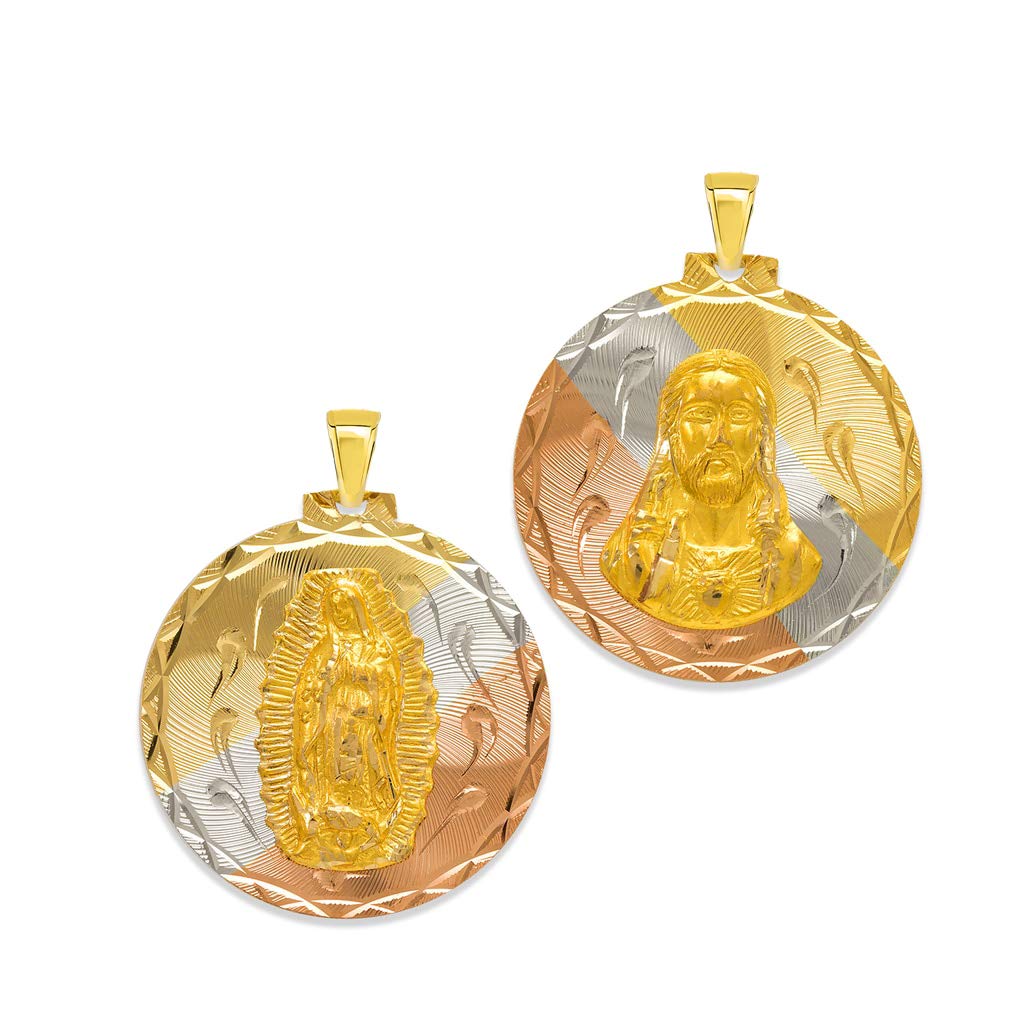 14K Gold Tricolor Round Guadalupe & Sacred Heart Two-Sided Catholic Pendant Necklace - Religious Jewelry for Women & Men, 27mm - Perfect for Baptism, First Communion & Spiritual Protection Gifts