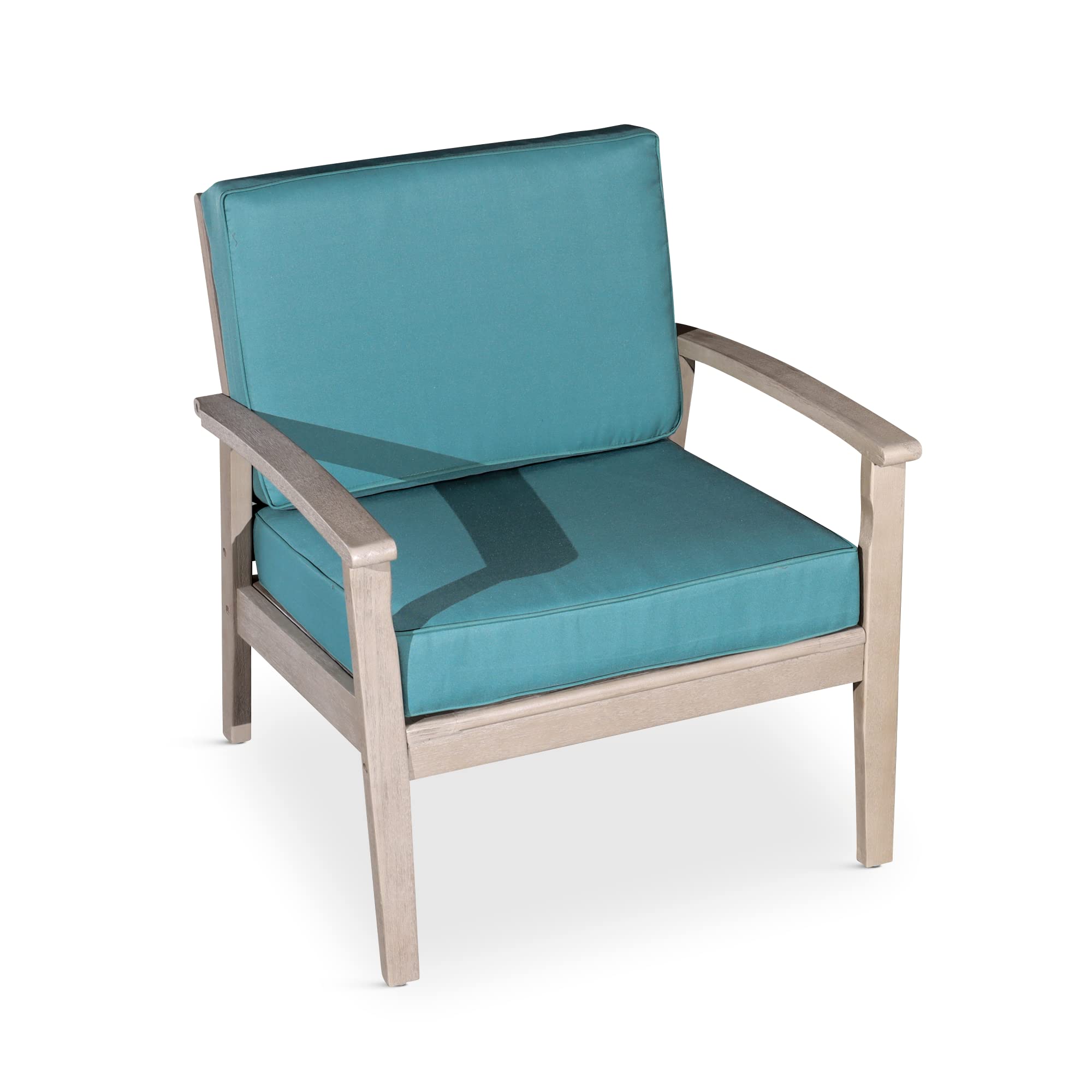 DTY Outdoor Living Longs Peak Deep Seat Eucalyptus Chair - Driftwood Gray Finish with Sage Cushions | Patio, Garden, Poolside & Backyard Relaxation Furniture