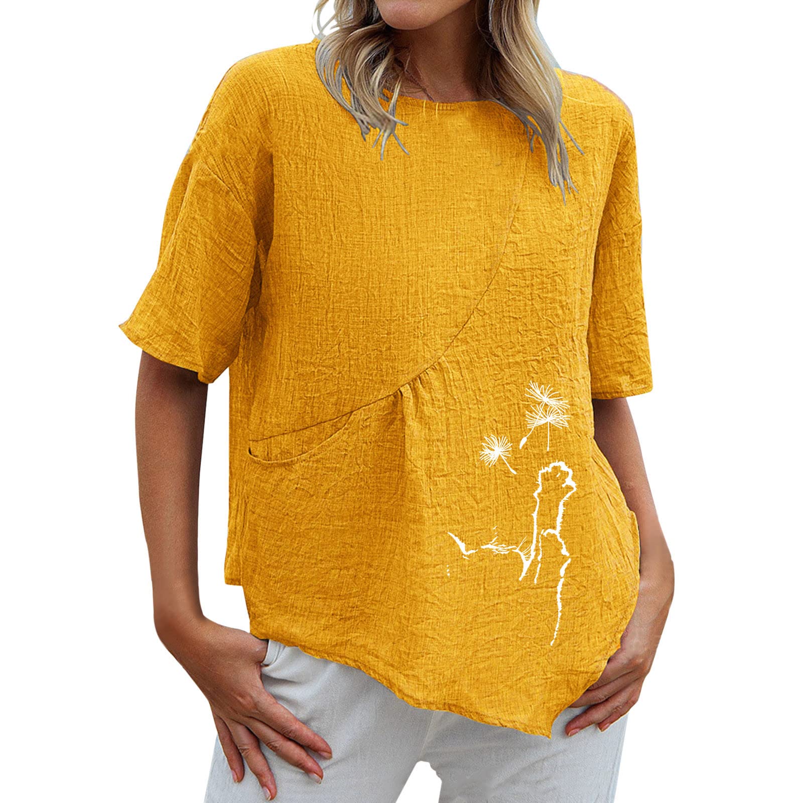 Women's Casual Short Sleeve Crew Neck Blouse - Loose Fit Printed Work Tops (Yellow, Size L) | Perfect for Office Wear, Summer Outfits & Everyday Comfort