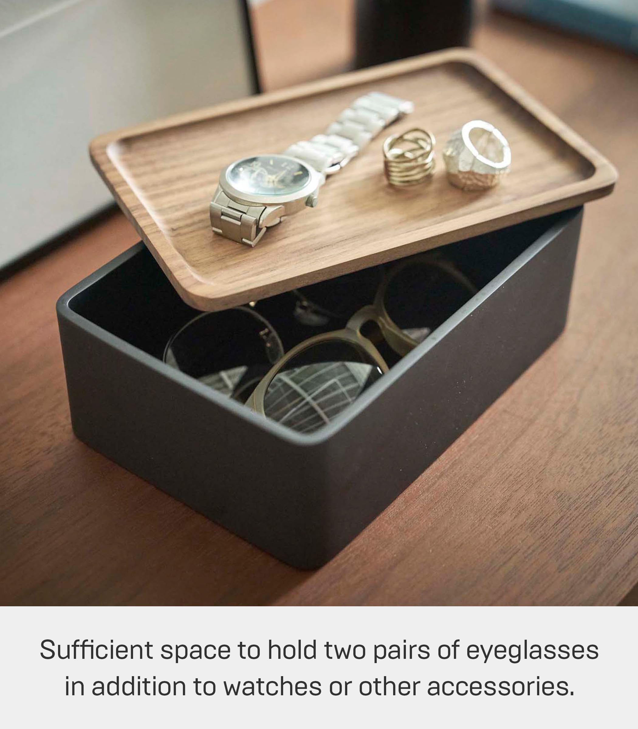 Yamazaki Home Rin Jewelry Box with Wooden Lid - Stylish Storage for Watches, Sunglasses & Accessories - Perfect for Bedroom, Bathroom & Vanity Organizer
