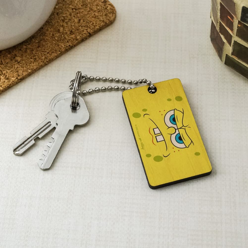 Spongebob Angry Face Wooden Rectangle Keychain - Durable Wood Key Ring for Backpacks, Gifts & Everyday Use | Cartoon Character Accessories for Fans