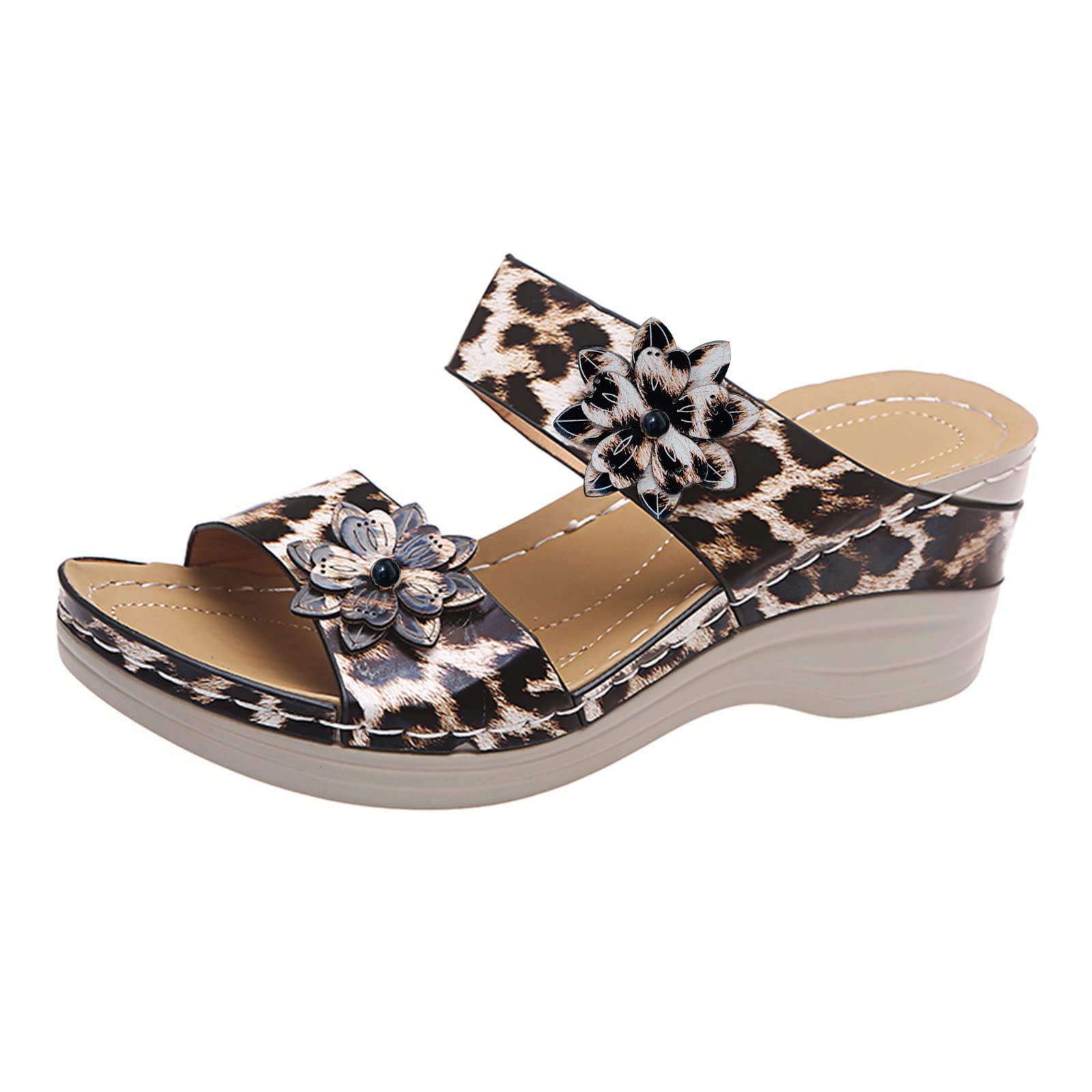 Eduavar Women's Floral Leopard Print Peep Toe Wedge Sandals - Comfortable Slip On Dressy Sandals for Summer, Beach, Party & Casual Outings