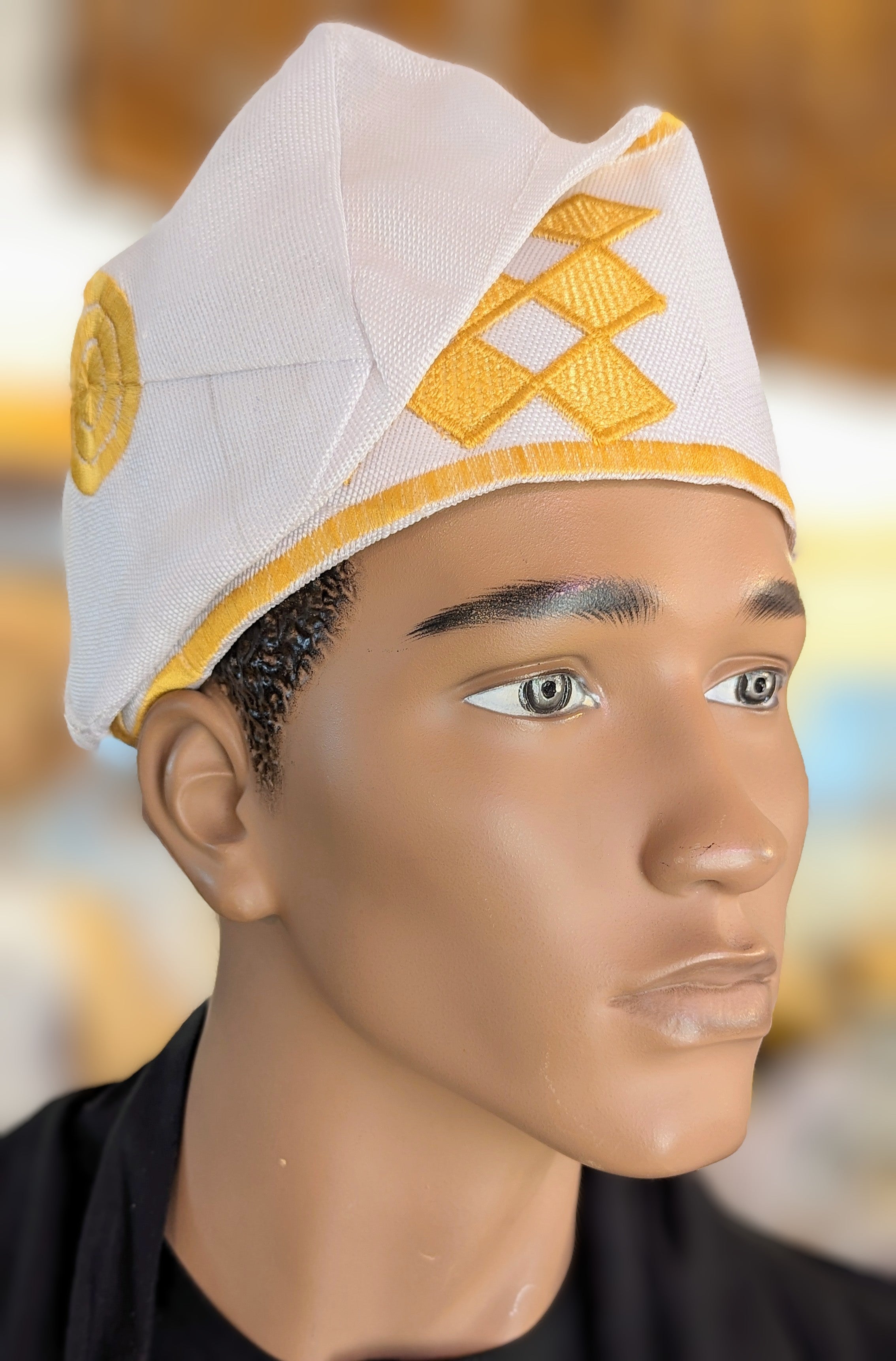 Dupsie's White & Gold Embroidered Ogundele Aso Oke Kufi Cap Hat DPHAWGA44 - Perfect for Weddings, Cultural Celebrations & Special Occasions