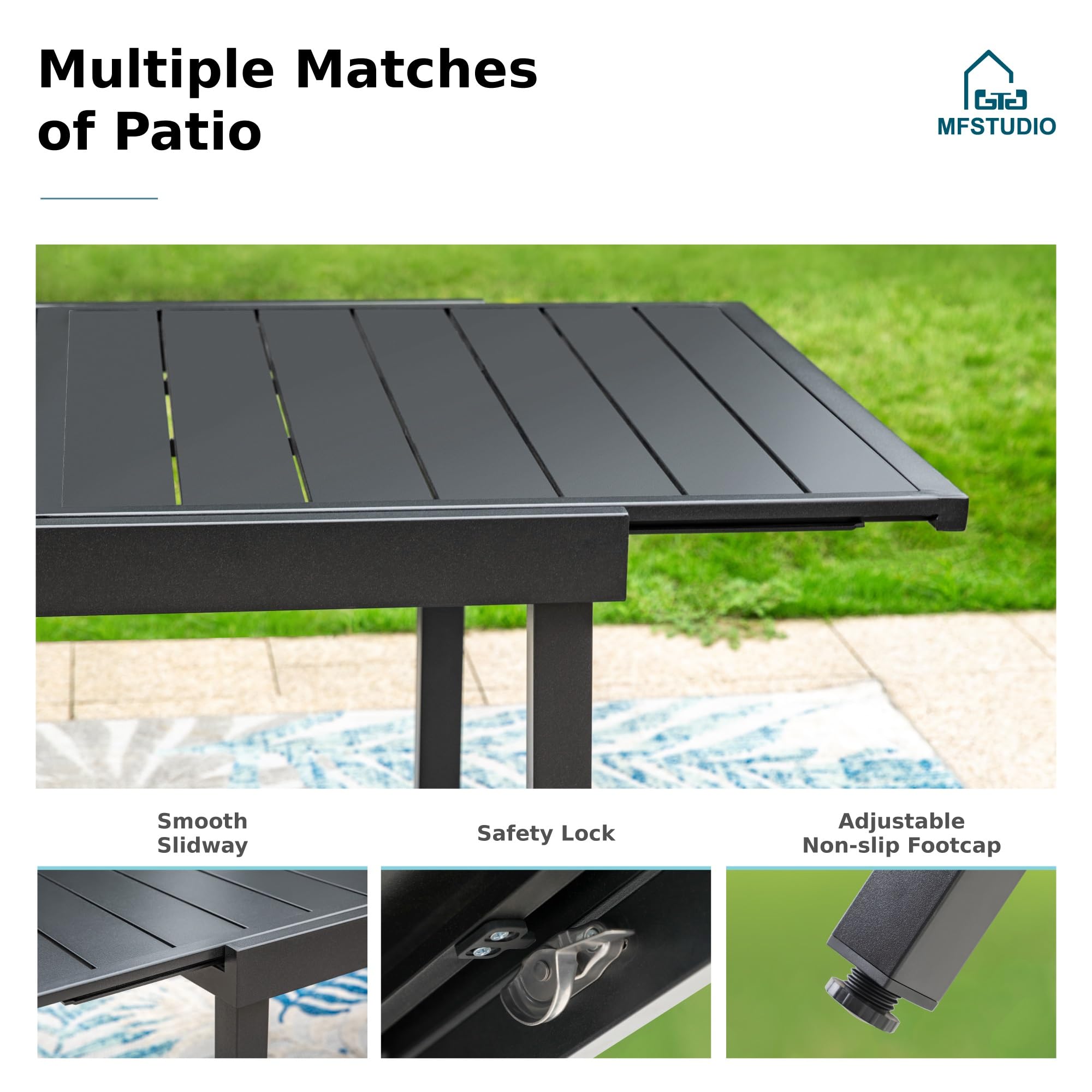 MFSTUDIO 7-Piece Outdoor Dining Set - Black Metal Patio Furniture with 6 Stackable Steel Chairs & 1 Expandable Rectangular Table - Perfect for Backyard, Garden, Porch, and Lawn Entertaining