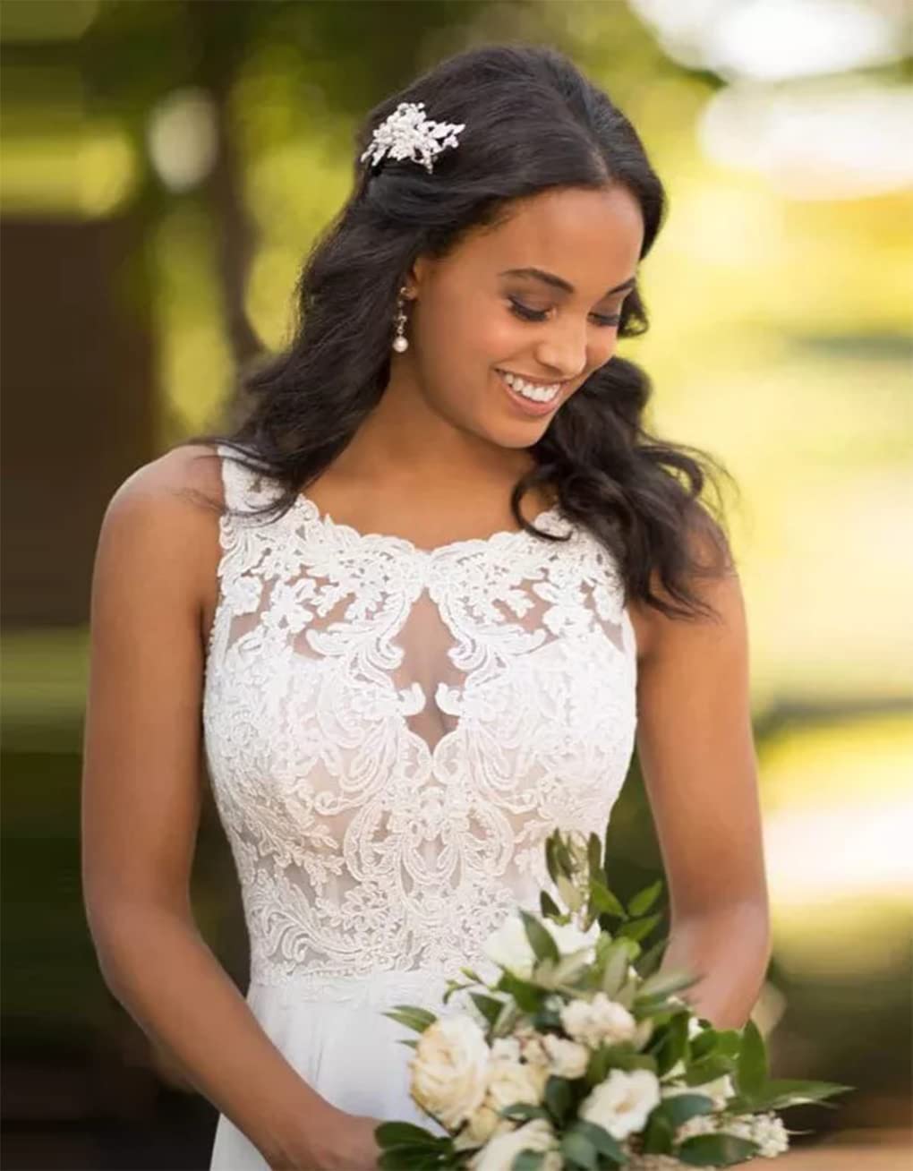 Elegant Ivory Chiffon A-Line Beach Wedding Dress with Boho Lace Applique - Perfect for Boho Brides, Beach Ceremonies & Destination Weddings 2024