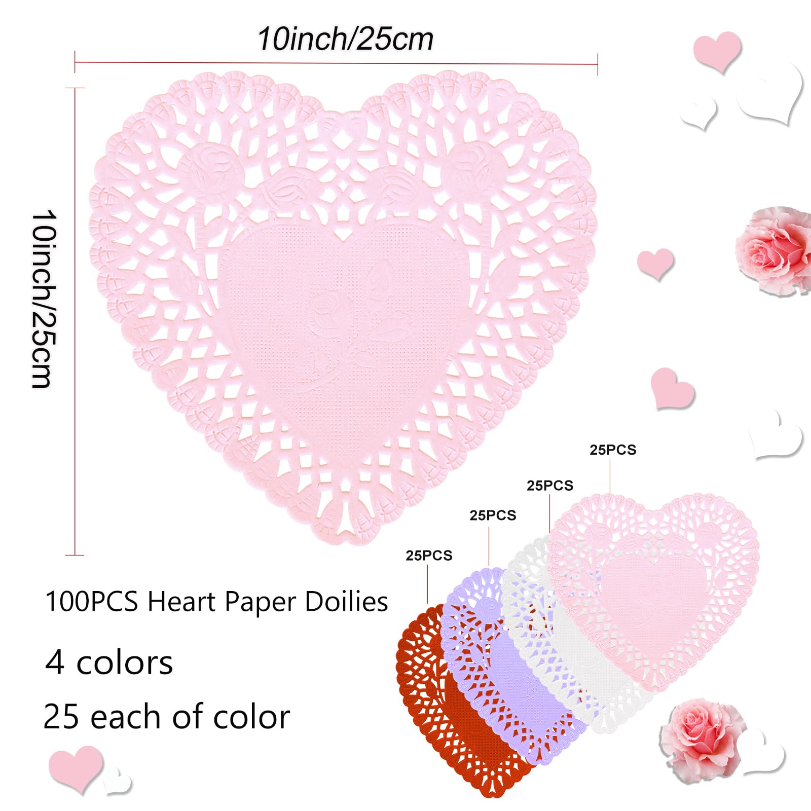Heart Shaped Paper Doilies 10 Inch - 100Pcs Lace Paper Doilies for DIY Crafts, Wedding Decor, Party Supplies (Red, Pink, White, Purple - 25 Each) - Perfect for Valentine's Day, Baby Showers & Table Settings