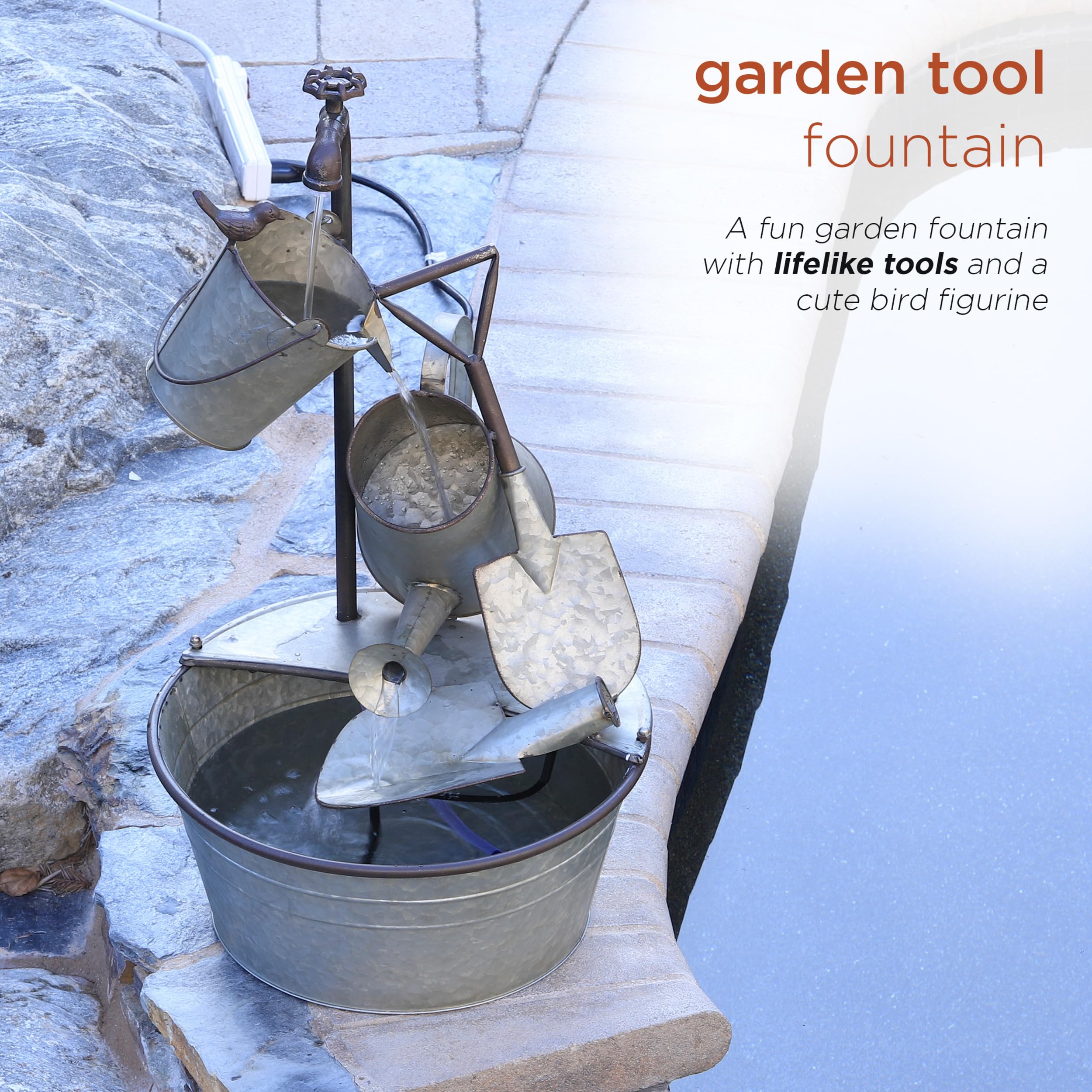 Alpine Corporation YHL106 3-Tiered Metal Outdoor Water Fountain with Garden Tools & Faucet Waterfall - 28 Inch Gray Patio Decor for Garden, Yard, and Backyard Relaxation