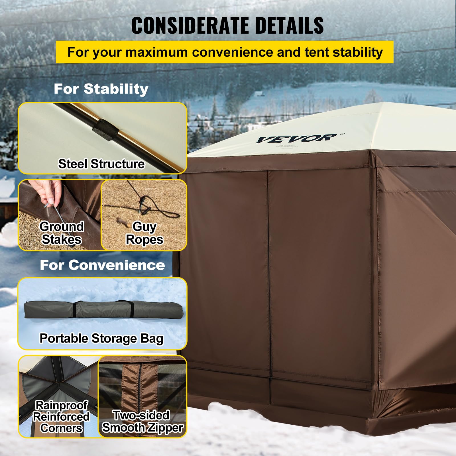 VEVOR 12x12ft 6-Sided Pop Up Canopy Tent with Mesh Windows & Carry Bag - Portable Outdoor Shade Shelter for Camping, Beach, Backyard, Picnics, Parties (Brown/Beige) - Includes Stakes & Windproof Design