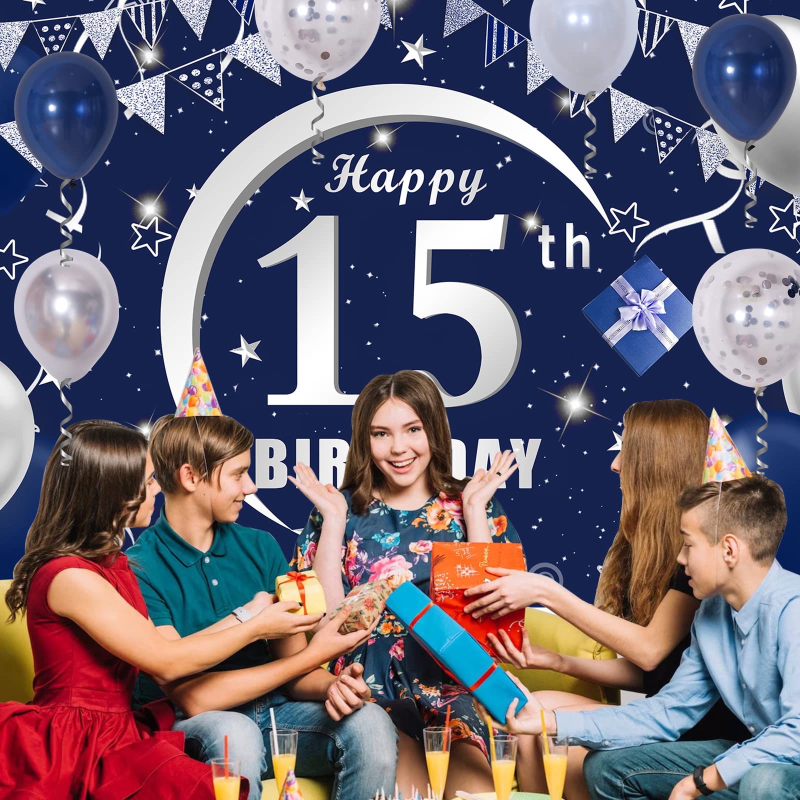 **Happy 15th Birthday Decorations Kit for Boys & Girls - Navy Blue Backdrop, Tablecloth, Balloon Garland - Perfect for Teen Birthday Parties, Sweet 16 Prep, and Milestone Celebrations**