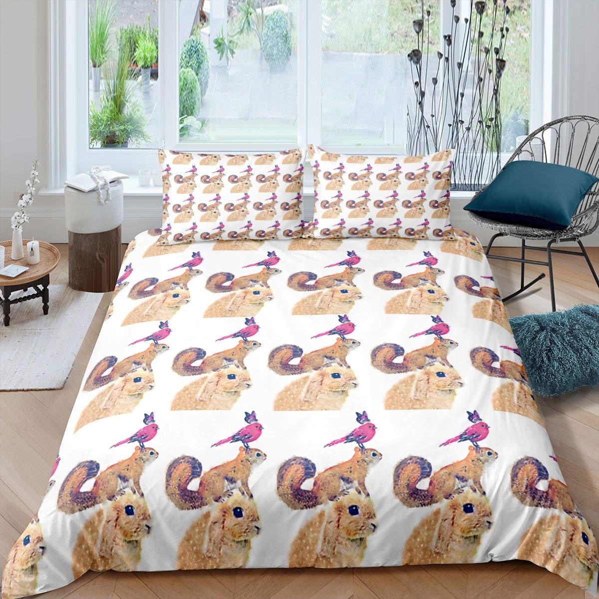Erosebridal Cute Squirrel & Butterfly Comforter Cover Set - Twin Size Animal Print Duvet Cover with Corner Ties - Breathable Funny Bird Bedding for Kids Room Decor & Cozy Bedroom Makeover