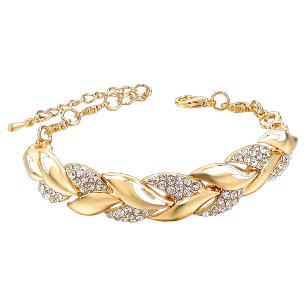 Elegant Gold Leaf Bracelet for Women - Adjustable Rhinestone Chain Bracelet with Diamond Accents | Dainty Jewelry Gift for Friends, Party Accessories, Everyday Wear & Special Occasions (Gold, One Size)
