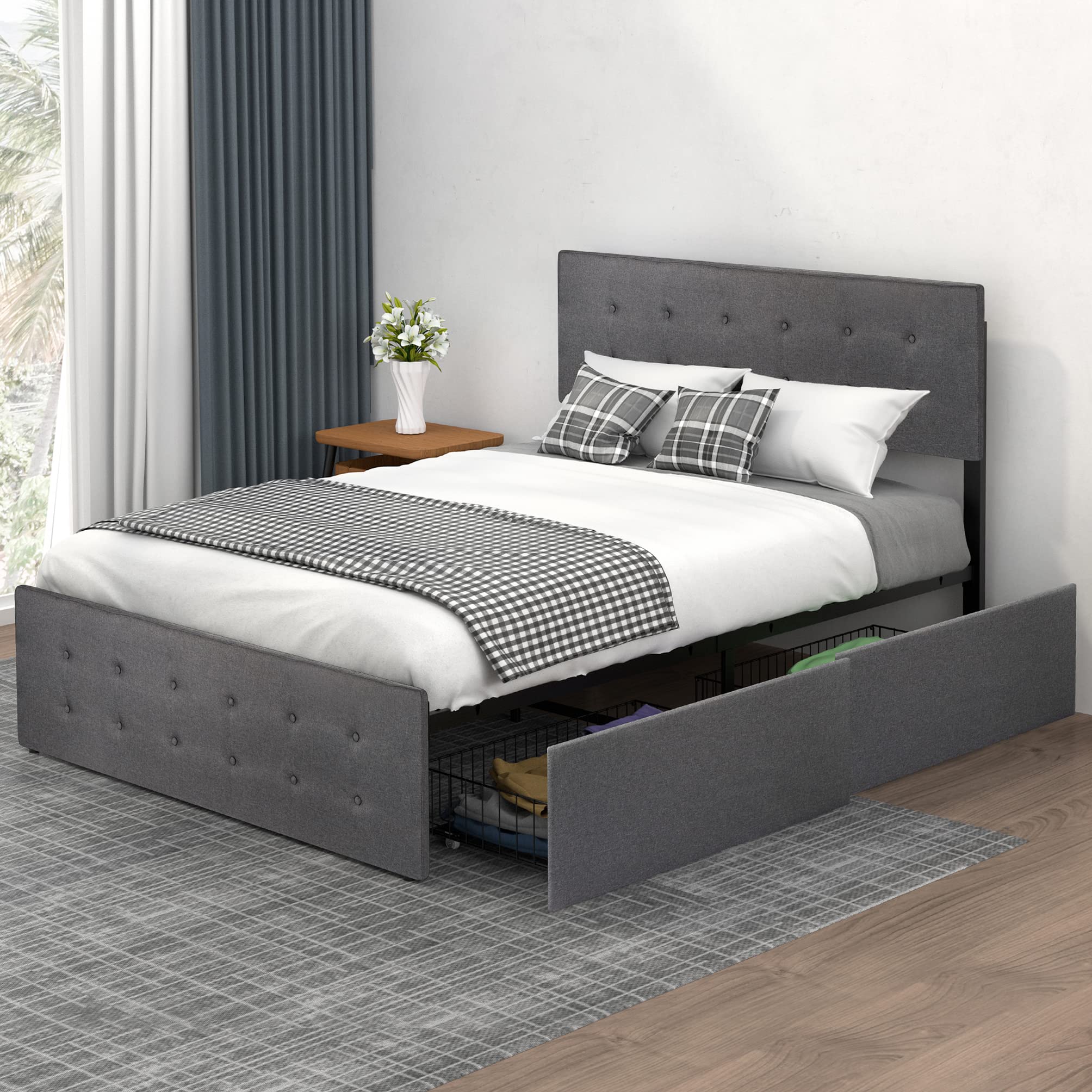 Queen Size Bed Frame with 4 Storage Drawers & Upholstered Headboard - IDEALHOUSE Adjustable Platform Bed with Wood Slat Support, No Box Spring Needed - Perfect for Small Bedrooms, Guest Rooms & Apartment Living