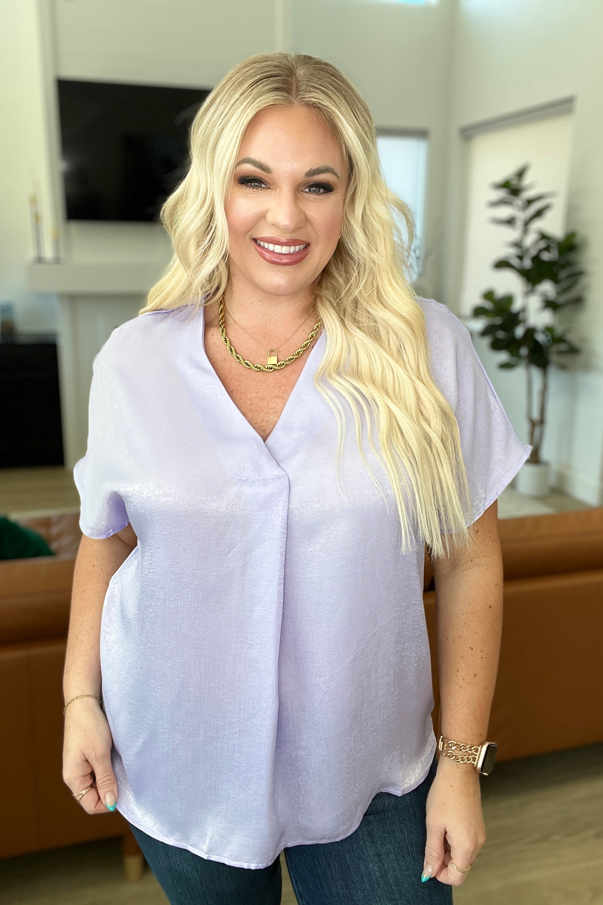 Stylish Pleat Front V-Neck Top in Lavender - Women's Casual Blouse for Work, Date Night & Everyday Wear