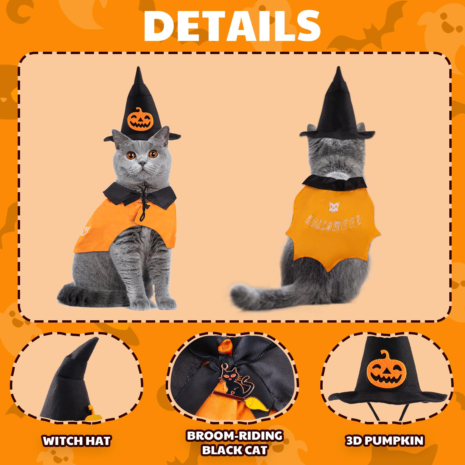 Wizard Cloak Cat Costume for Halloween - Cute Kitten Witch Hat & Cape Outfit for Role-Playing & Halloween Parties - Perfect for Dress-Up, Cosplay & Pet Photo Shoots