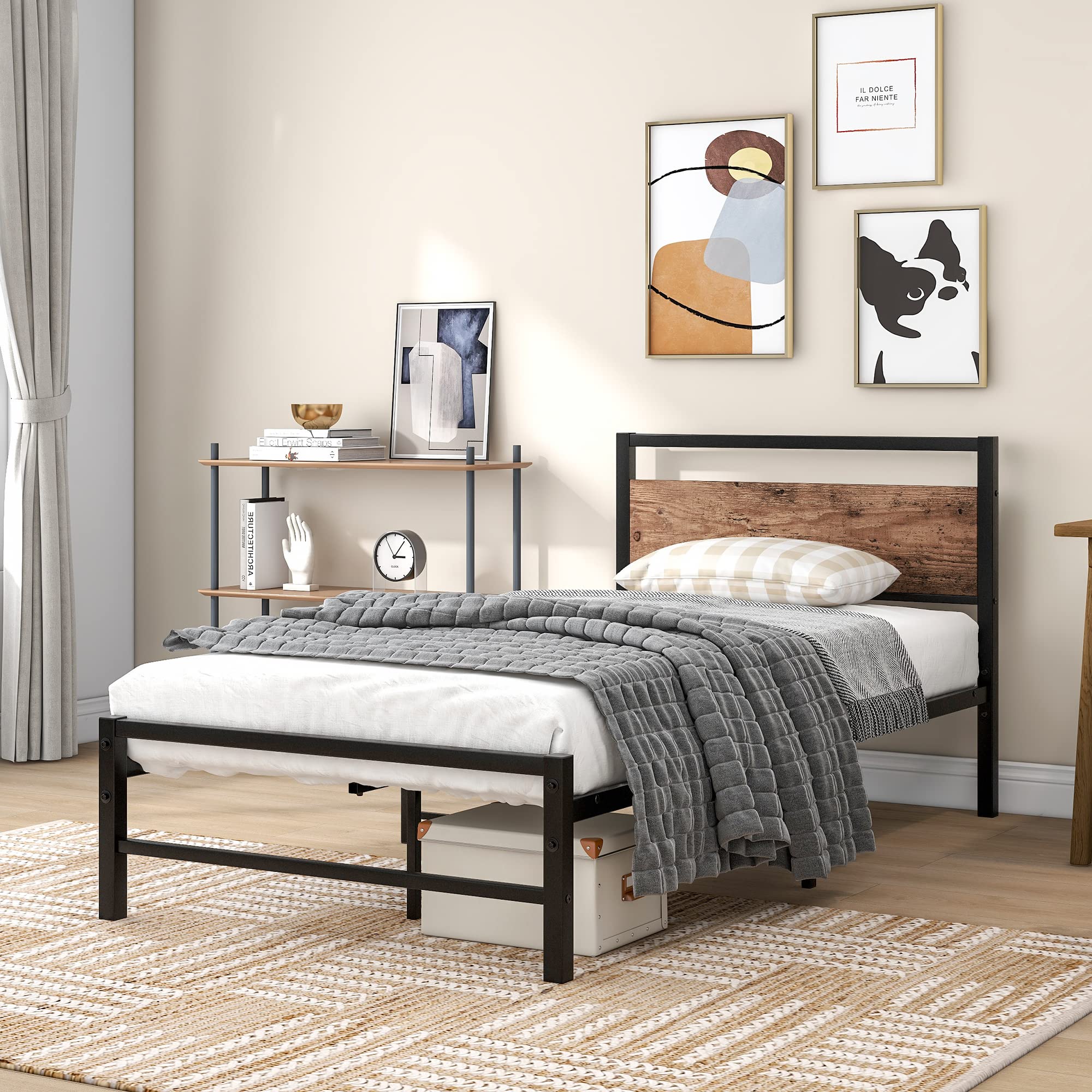 Crocofair Twin Size Black Bed Frame with Vintage Wood Headboard - Sturdy Steel Slats Support, No Box Spring Needed - Easy Assembly Noise-Free Platform Bed Frame (Rustic Brown) for Bedroom, Guest Room, Dorm or Apartment