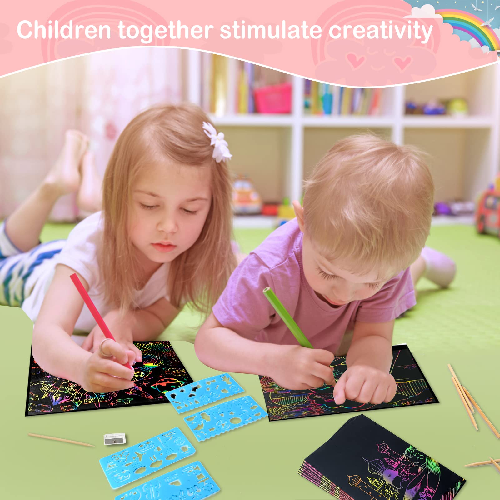 Rainbow Scratch Paper Art Kit - 60pcs Scratch Art Supplies for Kids with Wooden Stylus & Stencils - Creative DIY Craft Activity for Birthday Parties, Classroom Projects & Holiday Gifts