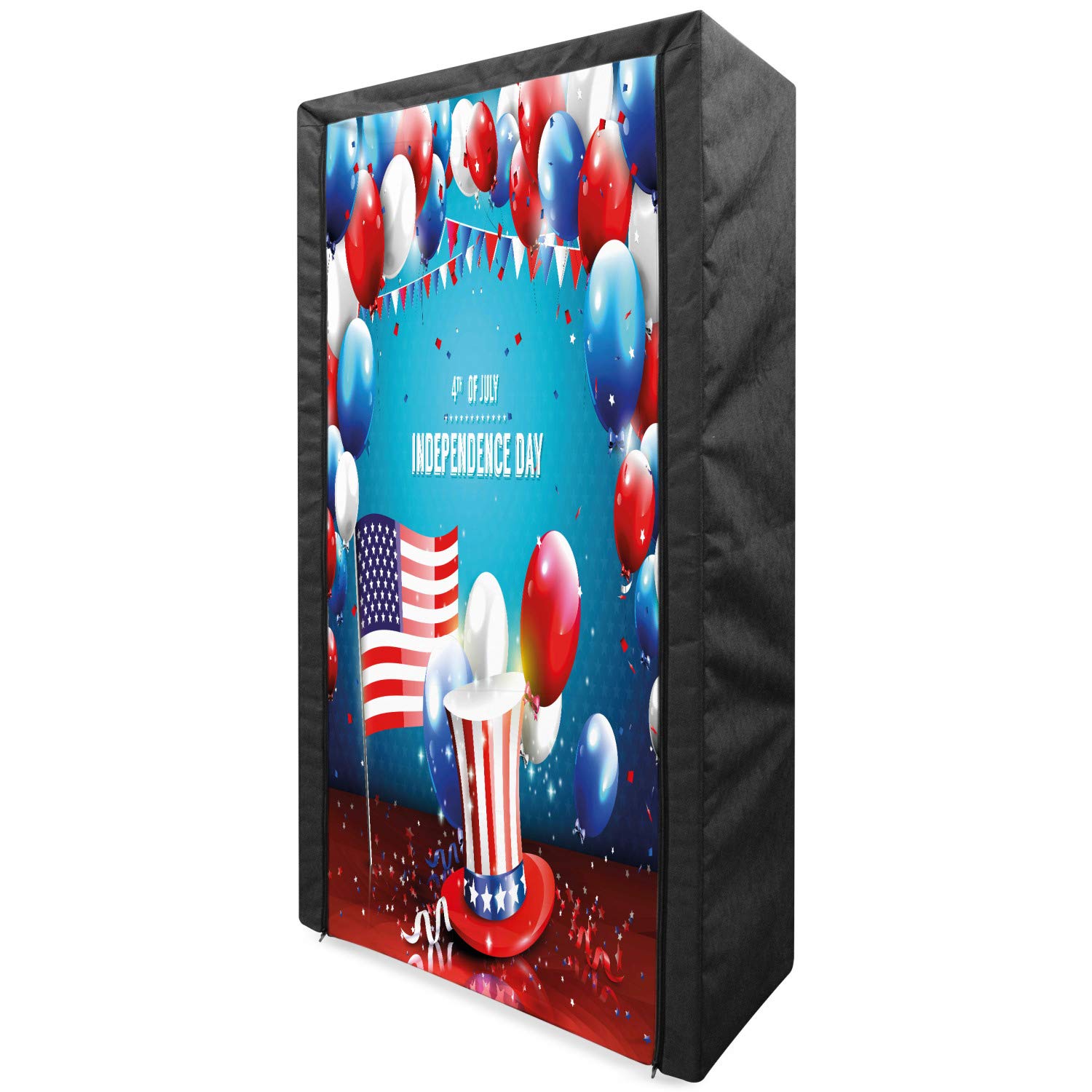 Ambesonne 4th of July Portable Fabric Wardrobe - Patriotic Uncle Sam Hat & Flag Design with Balloons, 33.5 Inch Clothing Organizer & Storage Closet with Shelves in Blue, Red & Pearl - Perfect for Holiday Decor, Bedroom Organization & Seasonal Storage