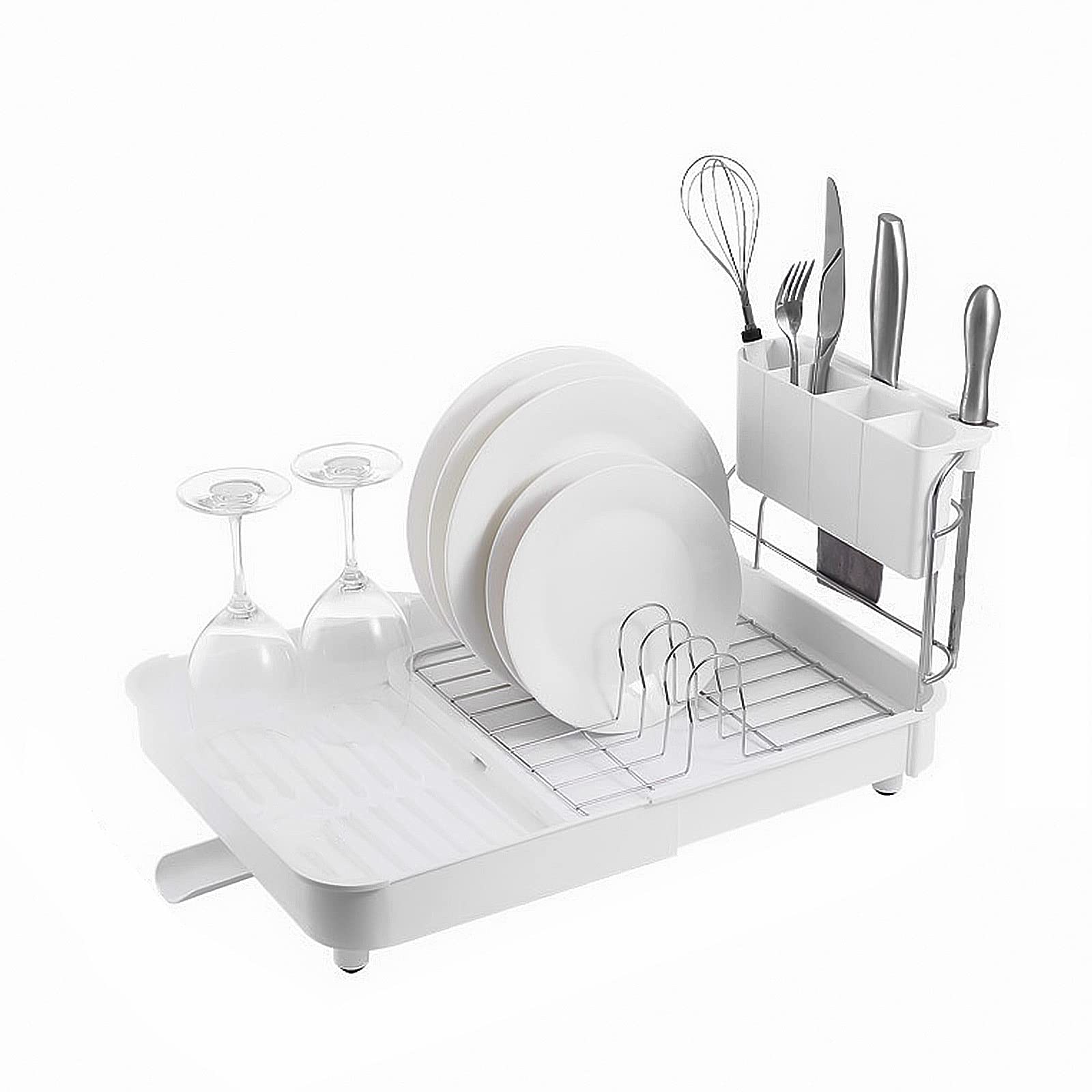 Keebgyy Stainless Steel Dish Drying Rack - Large Adjustable Kitchen Counter Organizer with Utensil Holder | Compact Space-Saving Design | Perfect for Small Kitchens, Apartments & RV Use (White)