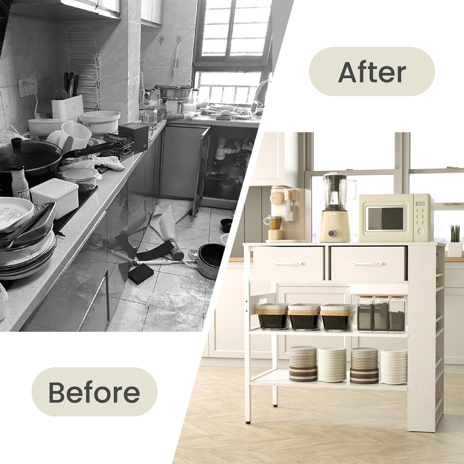 Modern White Kitchen Island with Open Storage Shelves, Spice Rack & Power Outlet - Versatile Bar Table for Cooking, Dining & Entertaining in Small Spaces