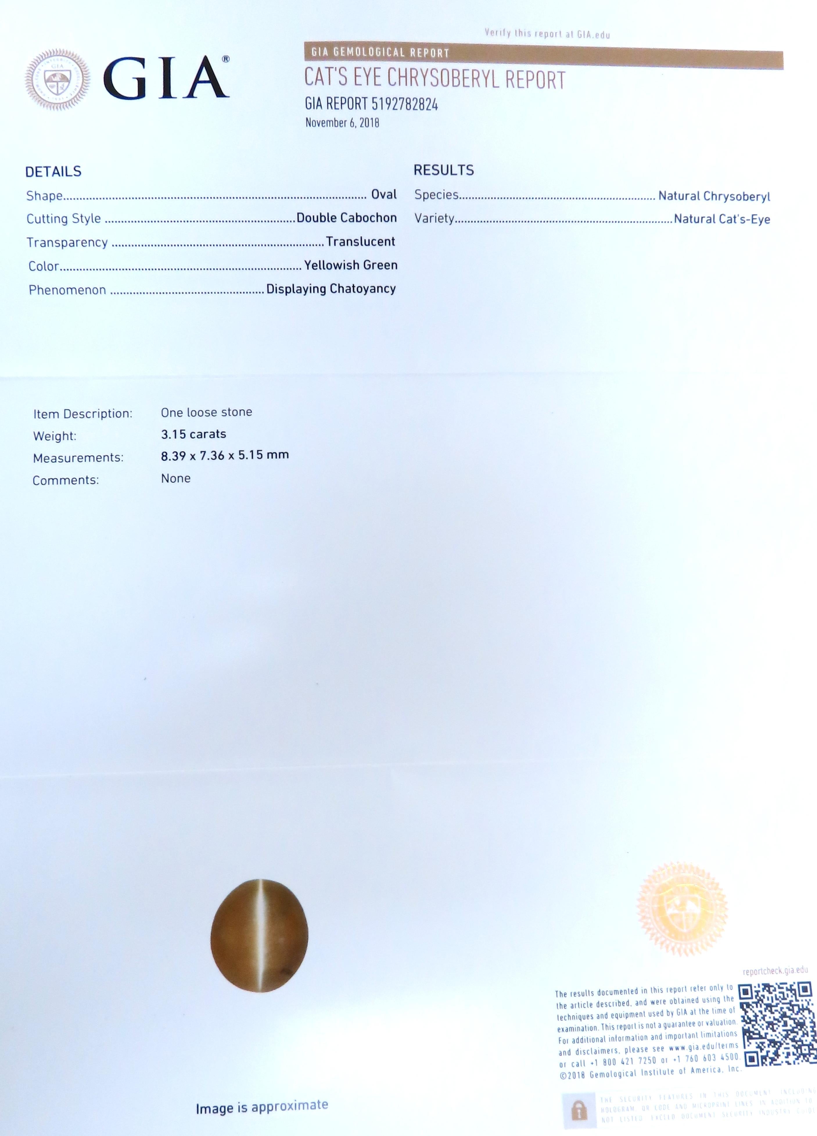 GIA Certified 3.15 Carat Natural Cat's Eye Ring in 14K Gold - Elegant Jewelry for Women, Perfect for Weddings, Anniversaries & Special Occasions