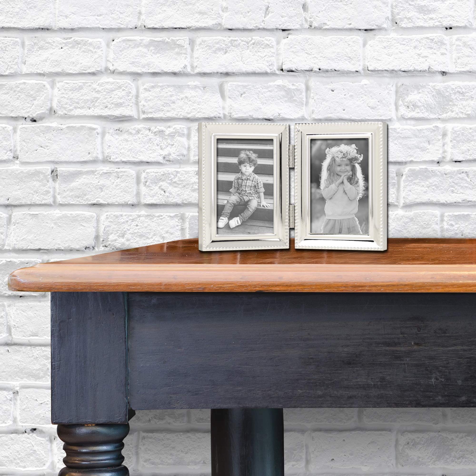 Lawrence Frames Bead Border Design 2.5x3.5 Double Silver Photo Frame - Perfect for Displaying Wedding, Graduation & Family Photos on Shelves or Desks