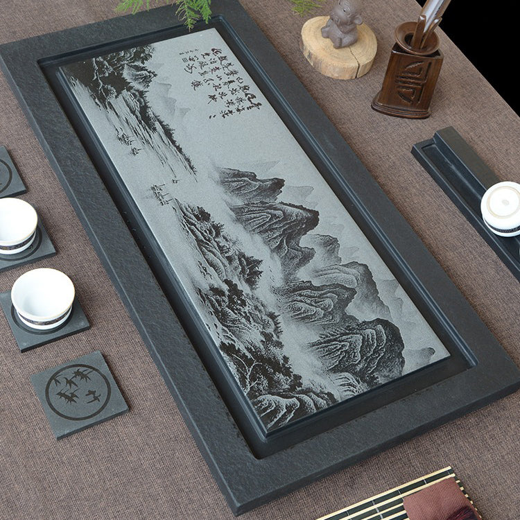 Handcrafted Black Stone Tea Tray with Exquisite Landscape Carvings - Perfect for Chinese Tea Ceremony, Home Decor & Zen Meditation Spaces