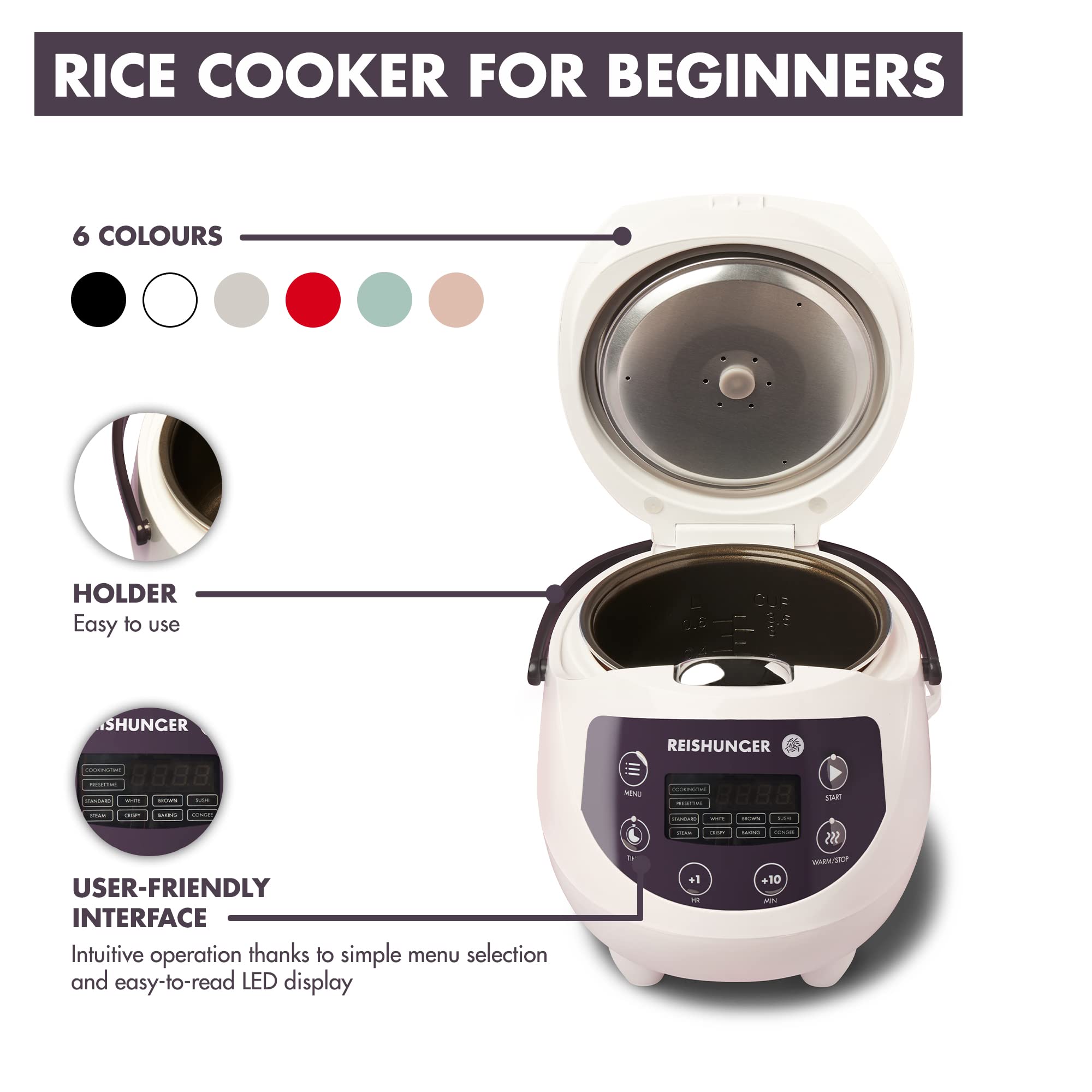 Reishunger Digital Mini Rice Cooker & Steamer - 3.5 Cup Small Japanese Style Rice Cooker with Ceramic Inner Pot, Keep-Warm Function & Timer - 8 Cooking Programs - Perfect for 1-3 People - Ideal for Dorms, Offices & Small Kitchens