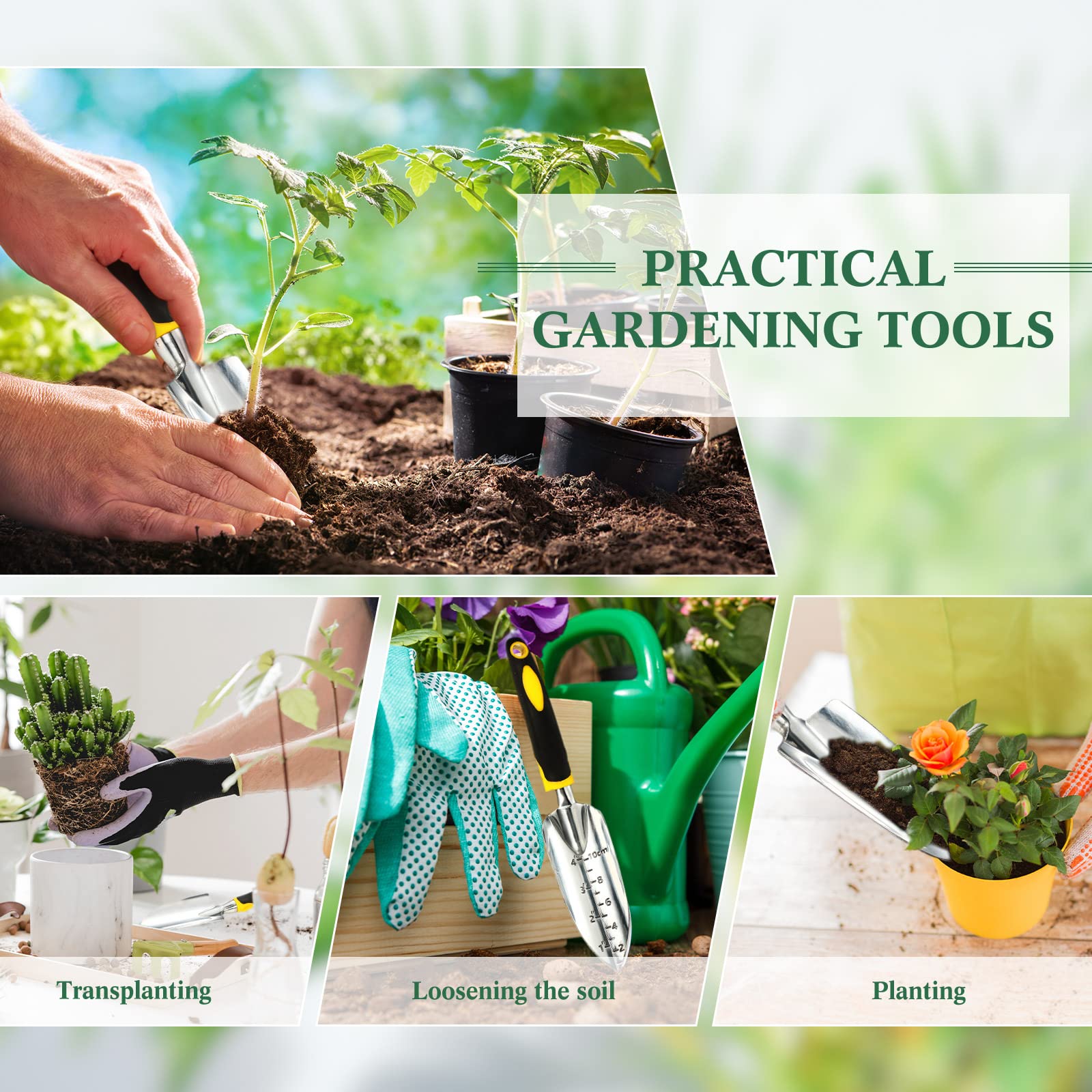 Honoson Aluminum Alloy Garden Hand Trowel with Measurements & Rubber Handle - Small Gardening Shovel for Planting, Transplanting, Cultivating - Perfect for Home Gardens, Flower Beds & Container Plants
