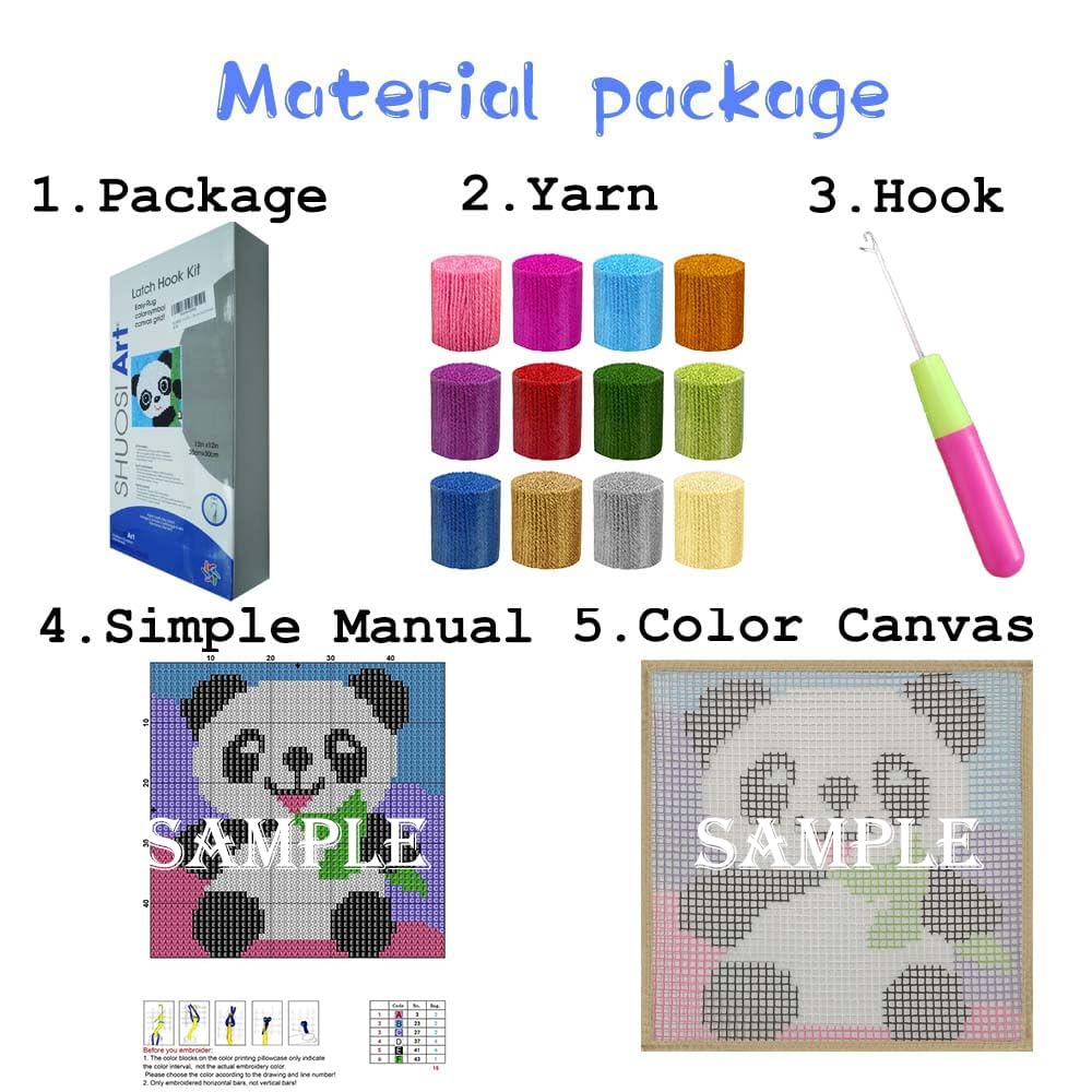 DIY Latch Hook Rug Kits for Kids & Adults - Beginner Friendly Craft Kit with Dinosaur, Owl, Smile, Star, Sunflower, Dog & Panda Designs - Perfect for Home Decor, Gifts & Family Bonding Activities
